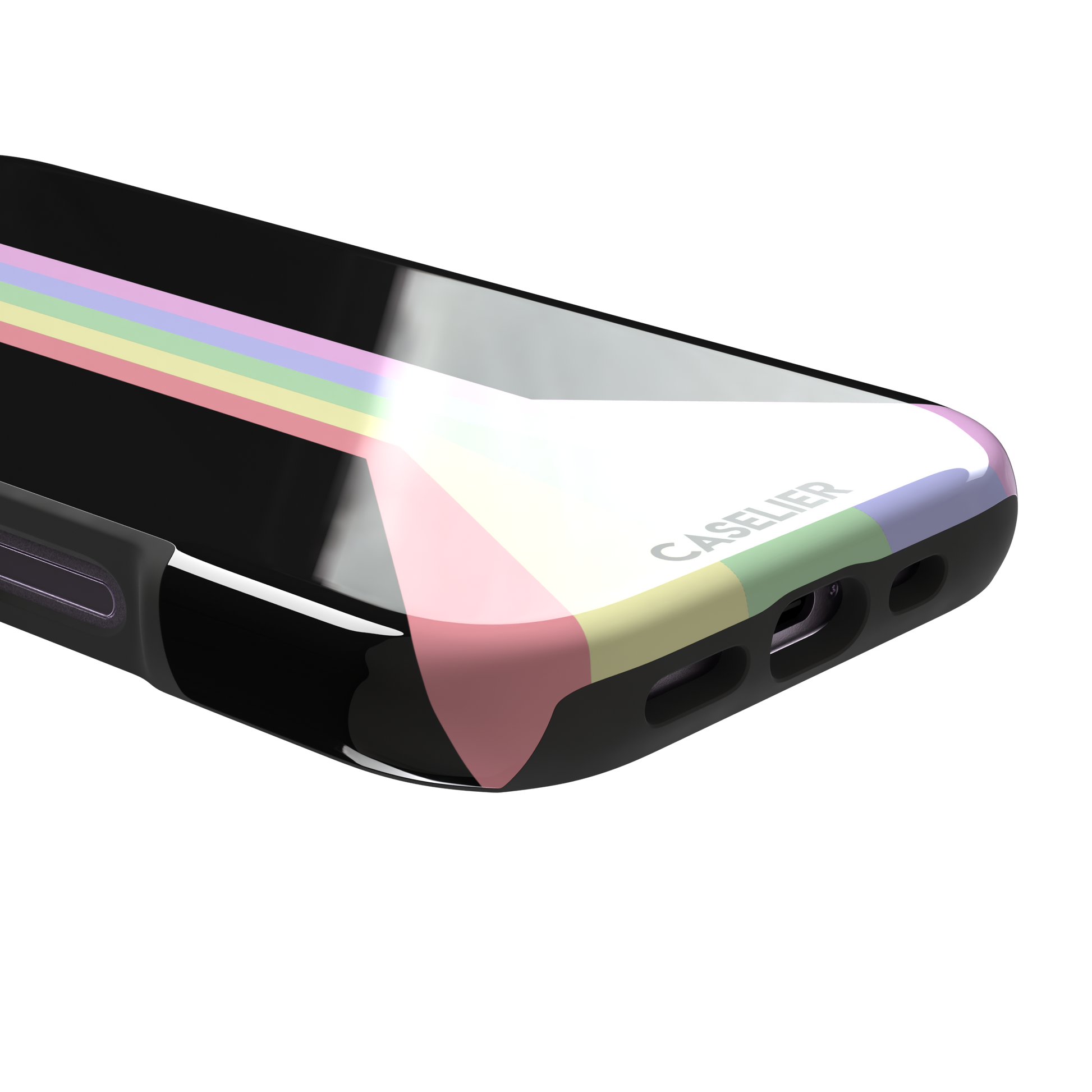 Prism phone case color variant featuring soft pastel stripes in pink, yellow, mint green, lavender and lilac spreading outward on a black background, phone case by Caselier — tough case, charging port detail