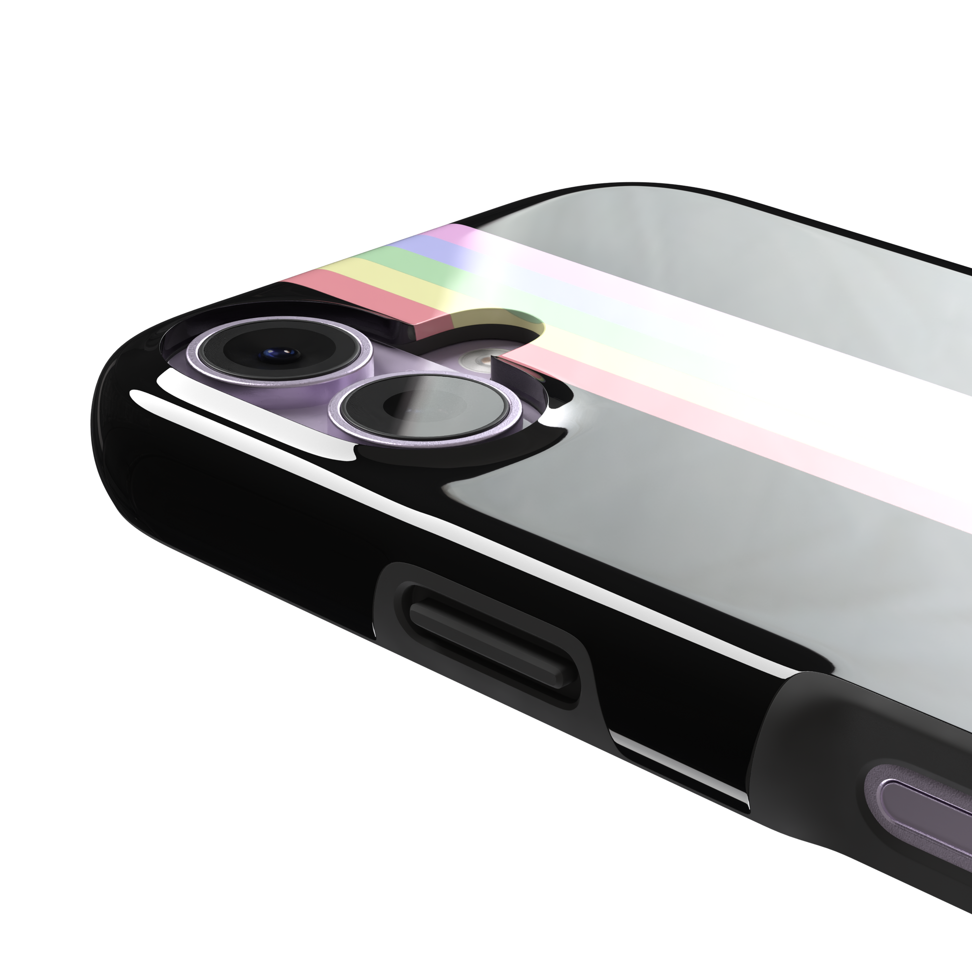 Prism phone case color variant featuring soft pastel stripes in pink, yellow, mint green, lavender and lilac spreading outward on a black background, phone case by Caselier — tough case, volume buttons detail