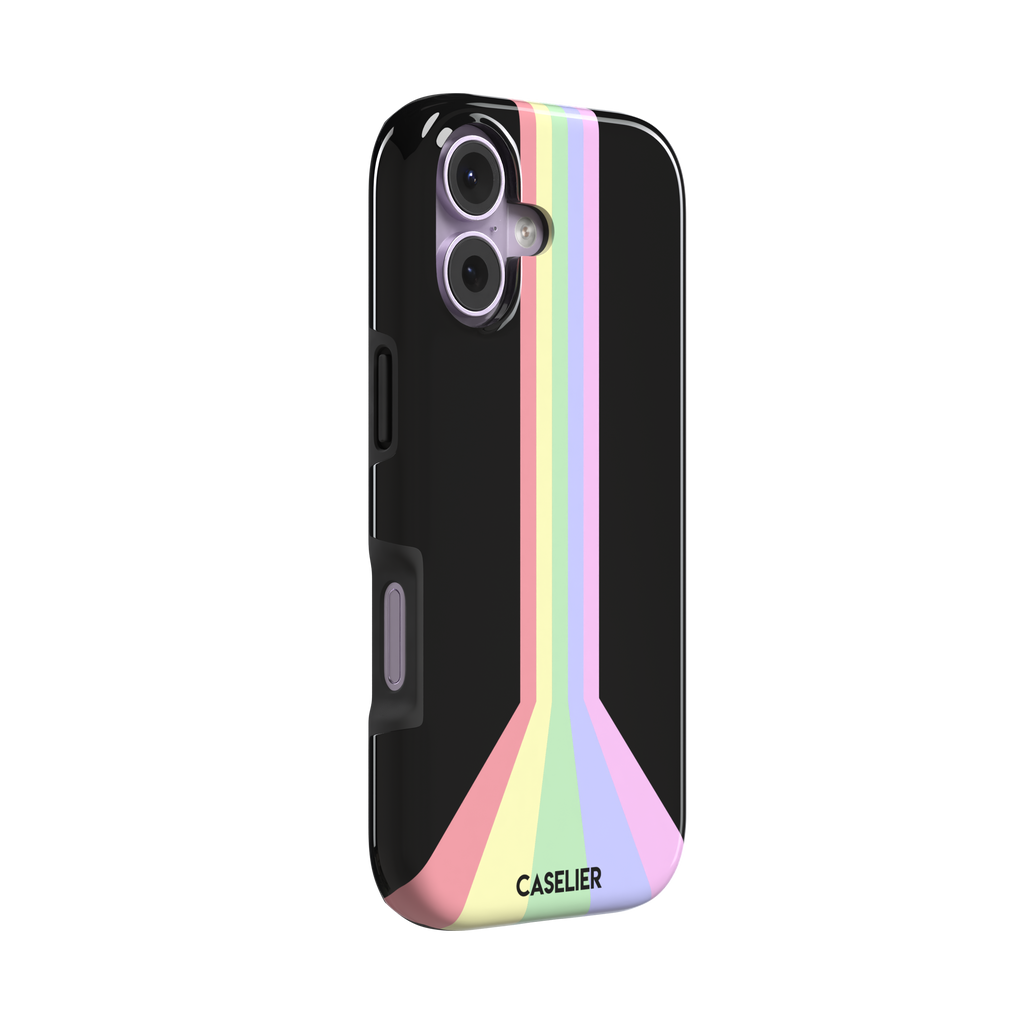 Prism phone case color variant featuring soft pastel stripes in pink, yellow, mint green, lavender and lilac spreading outward on a black background, phone case by Caselier — tough case, left view
