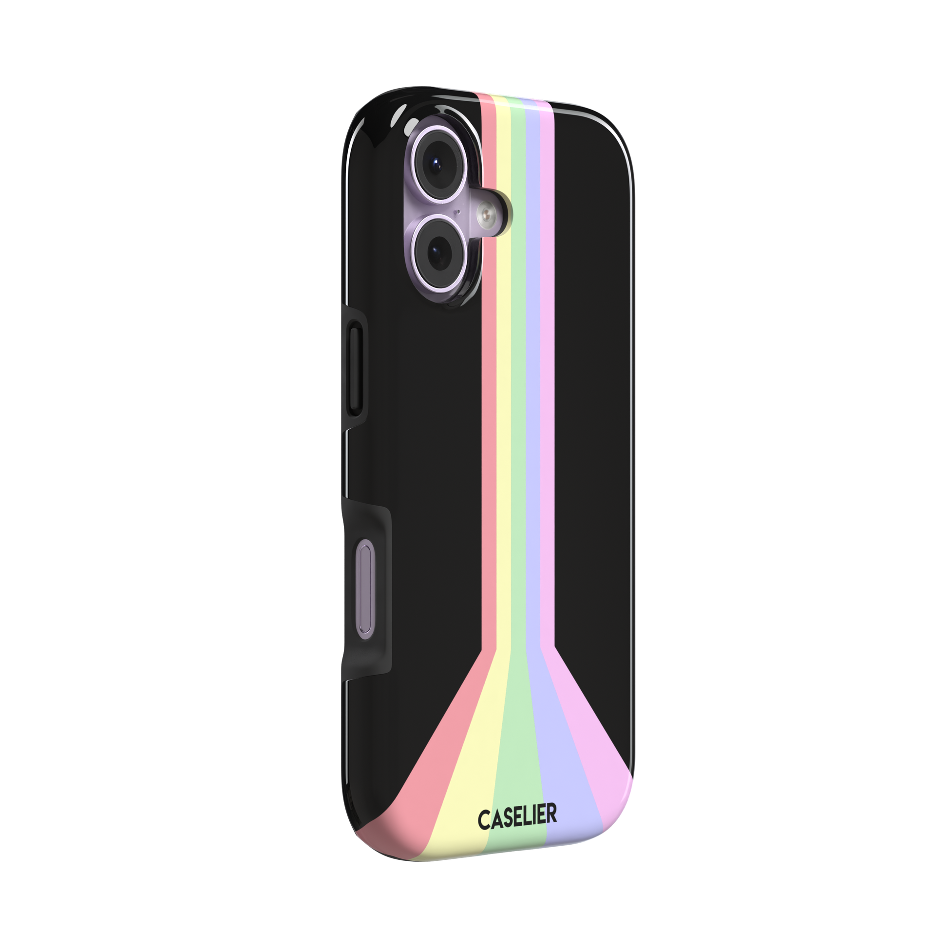 Prism phone case color variant featuring soft pastel stripes in pink, yellow, mint green, lavender and lilac spreading outward on a black background, phone case by Caselier — tough case, left view