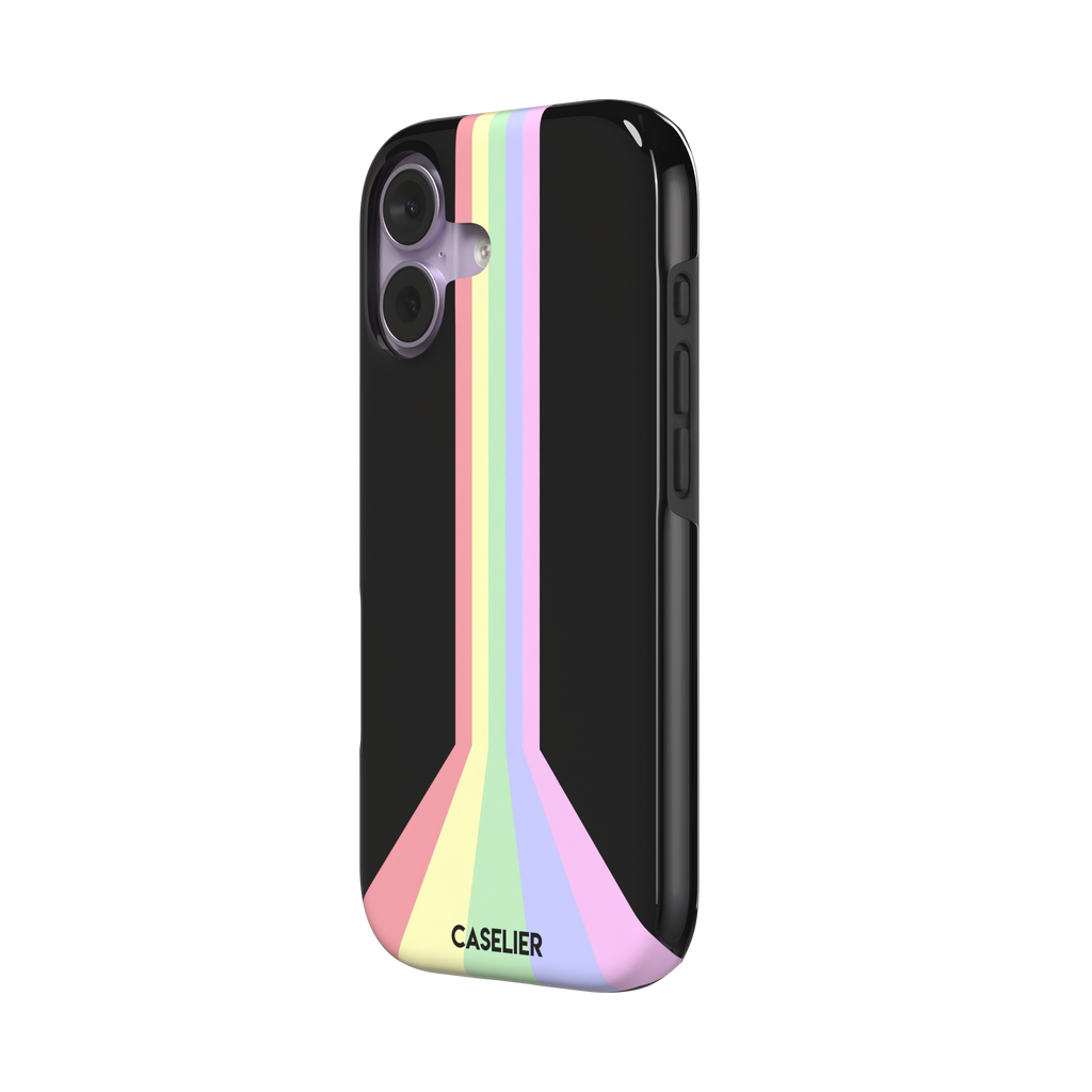 Prism phone case color variant featuring soft pastel stripes in pink, yellow, mint green, lavender and lilac spreading outward on a black background, phone case by Caselier — tough case, right view