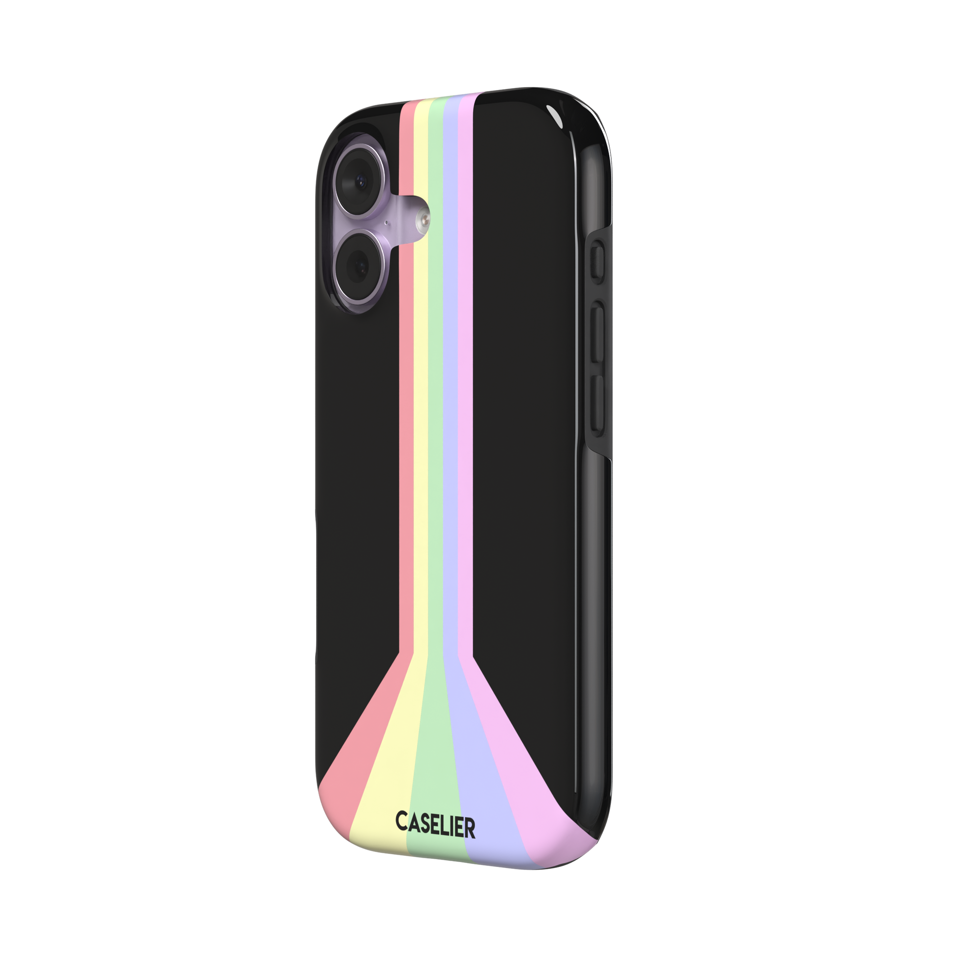 Prism phone case color variant featuring soft pastel stripes in pink, yellow, mint green, lavender and lilac spreading outward on a black background, phone case by Caselier — tough case, right view