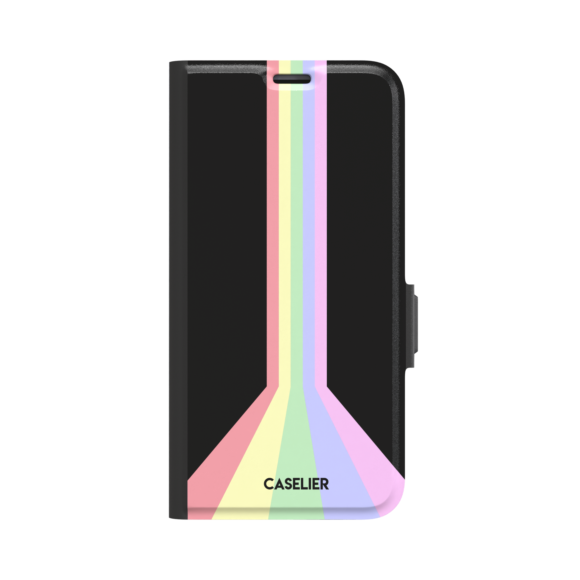 Prism phone case color variant featuring soft pastel stripes in pink, yellow, mint green, lavender and lilac spreading outward on a black background, phone case by Caselier — wallet case, front view