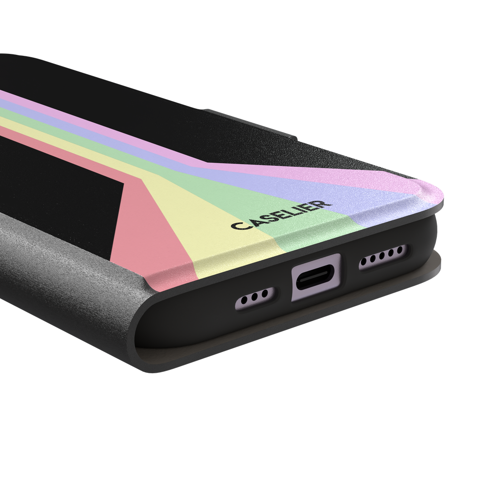 Prism phone case color variant featuring soft pastel stripes in pink, yellow, mint green, lavender and lilac spreading outward on a black background, phone case by Caselier — wallet case, charging port detail