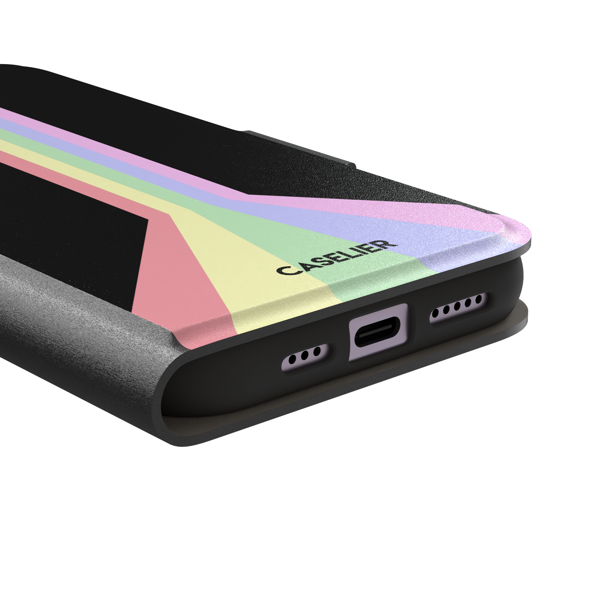 Prism phone case color variant featuring soft pastel stripes in pink, yellow, mint green, lavender and lilac spreading outward on a black background, phone case by Caselier — wallet case, charging port detail