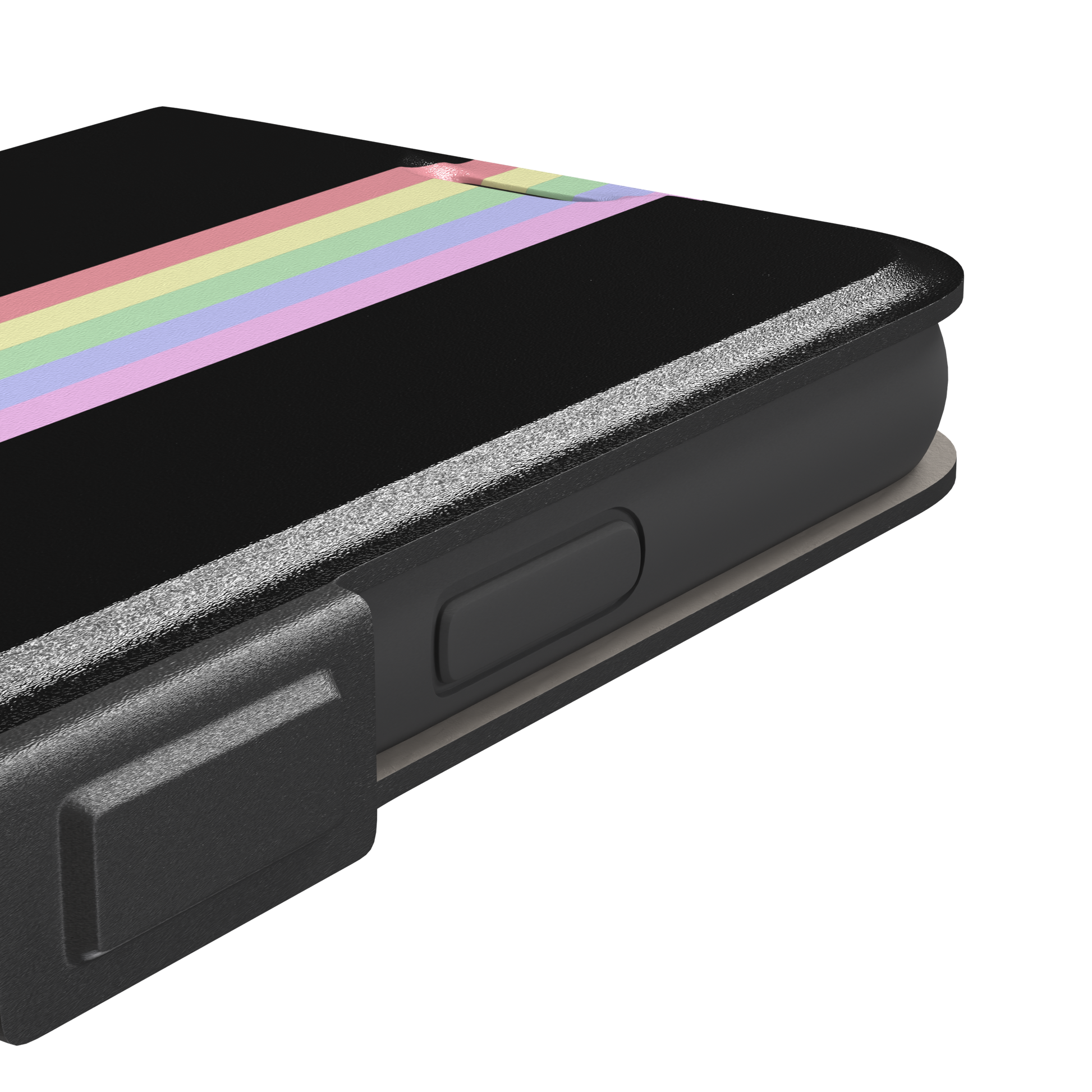 Prism phone case color variant featuring soft pastel stripes in pink, yellow, mint green, lavender and lilac spreading outward on a black background, phone case by Caselier — wallet case, volume buttons detail