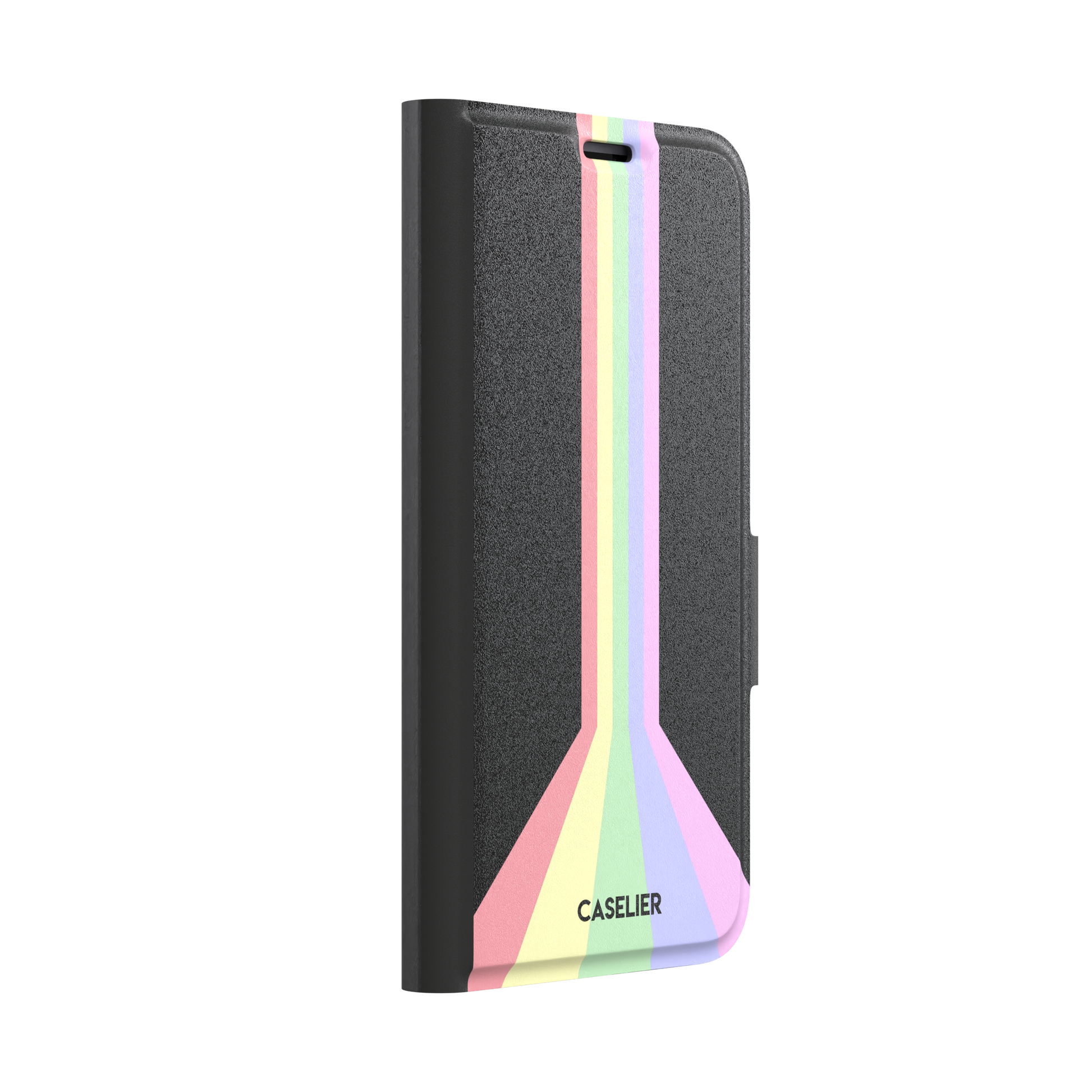 Prism phone case color variant featuring soft pastel stripes in pink, yellow, mint green, lavender and lilac spreading outward on a black background, phone case by Caselier — wallet case, left view