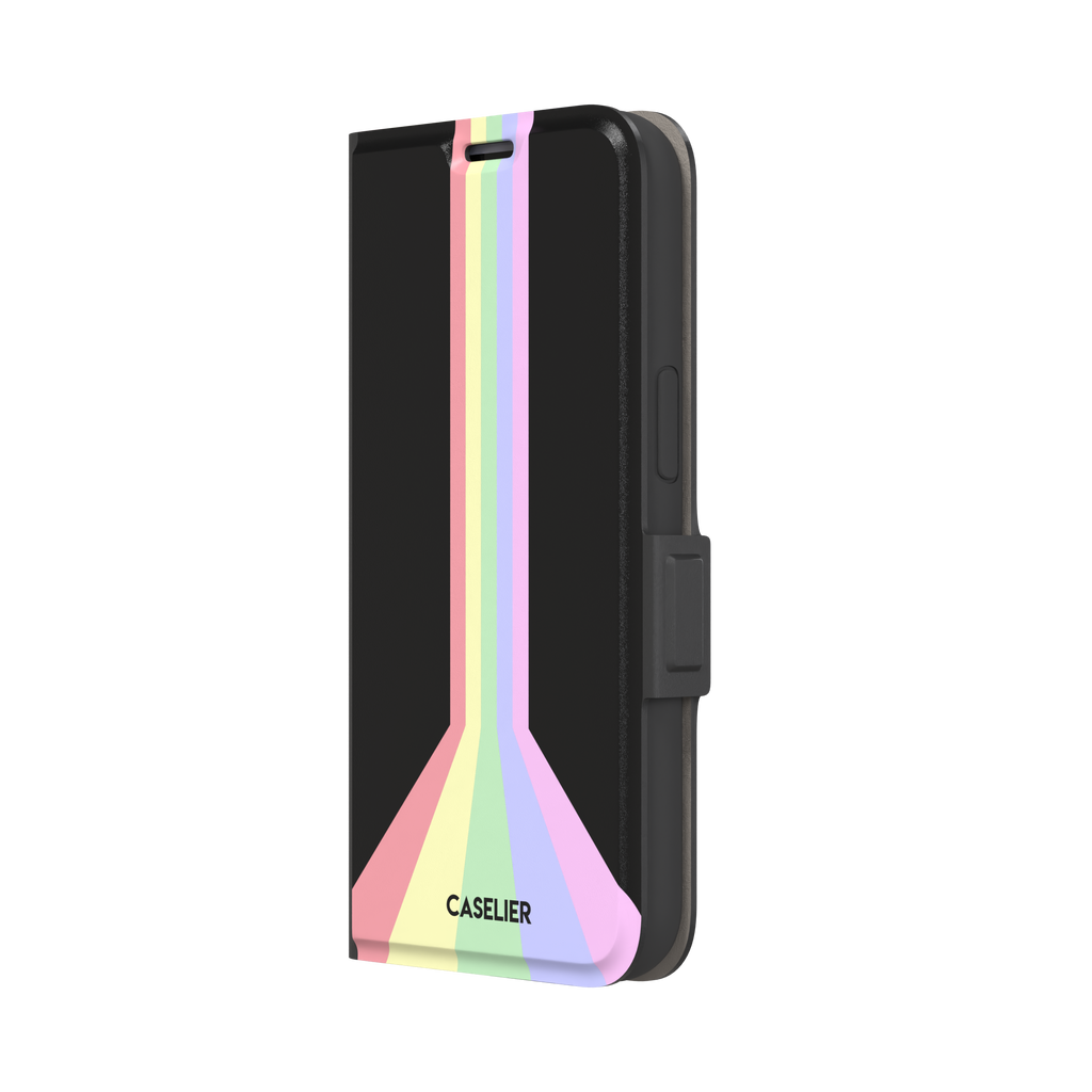 Prism phone case color variant featuring soft pastel stripes in pink, yellow, mint green, lavender and lilac spreading outward on a black background, phone case by Caselier — wallet case, right view
