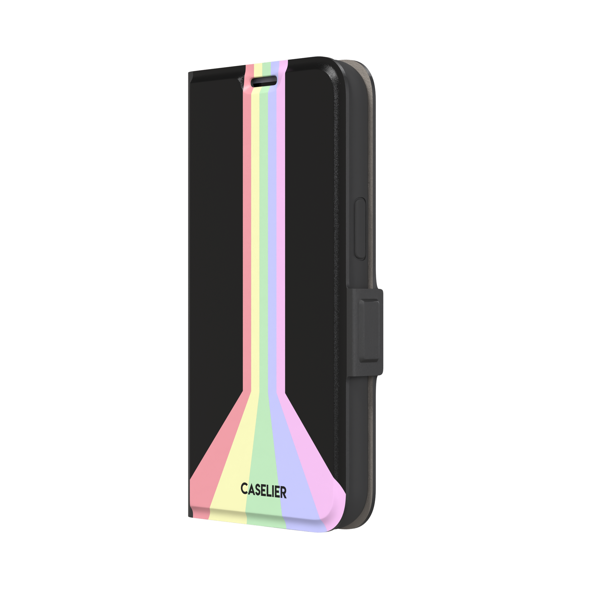 Prism phone case color variant featuring soft pastel stripes in pink, yellow, mint green, lavender and lilac spreading outward on a black background, phone case by Caselier — wallet case, right view