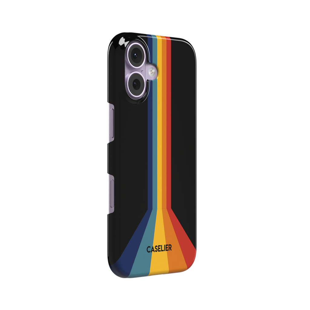 Prism, retro rainbow stripes in navy, teal, mustard and red on black, snap case, left view, phone case by Caselier