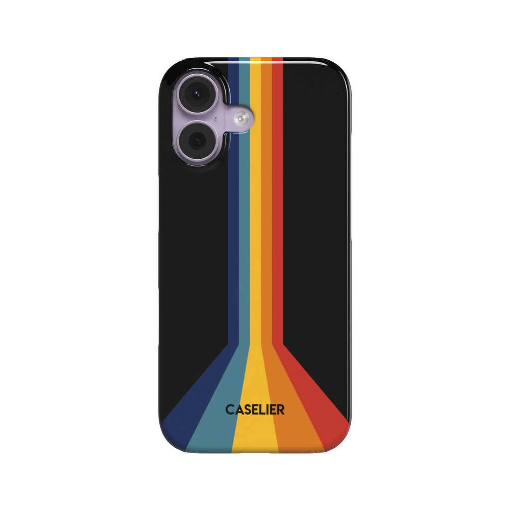 Prism Pink Floyd phone case with bold converging stripes in navy, teal, amber, orange and red on a black background, retro rainbow pattern, phone case by Caselier - snap case, front view | Caselier