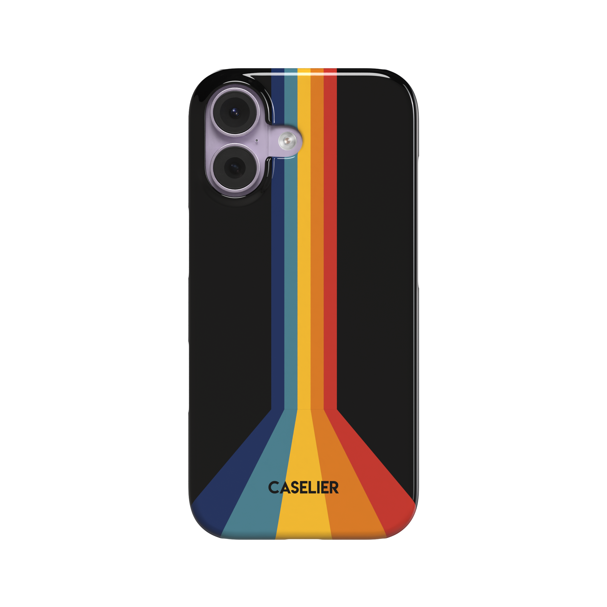 Prism Pink Floyd phone case with bold converging stripes in navy, teal, amber, orange and red on a black background, retro rainbow pattern, phone case by Caselier - snap case, front view | Caselier