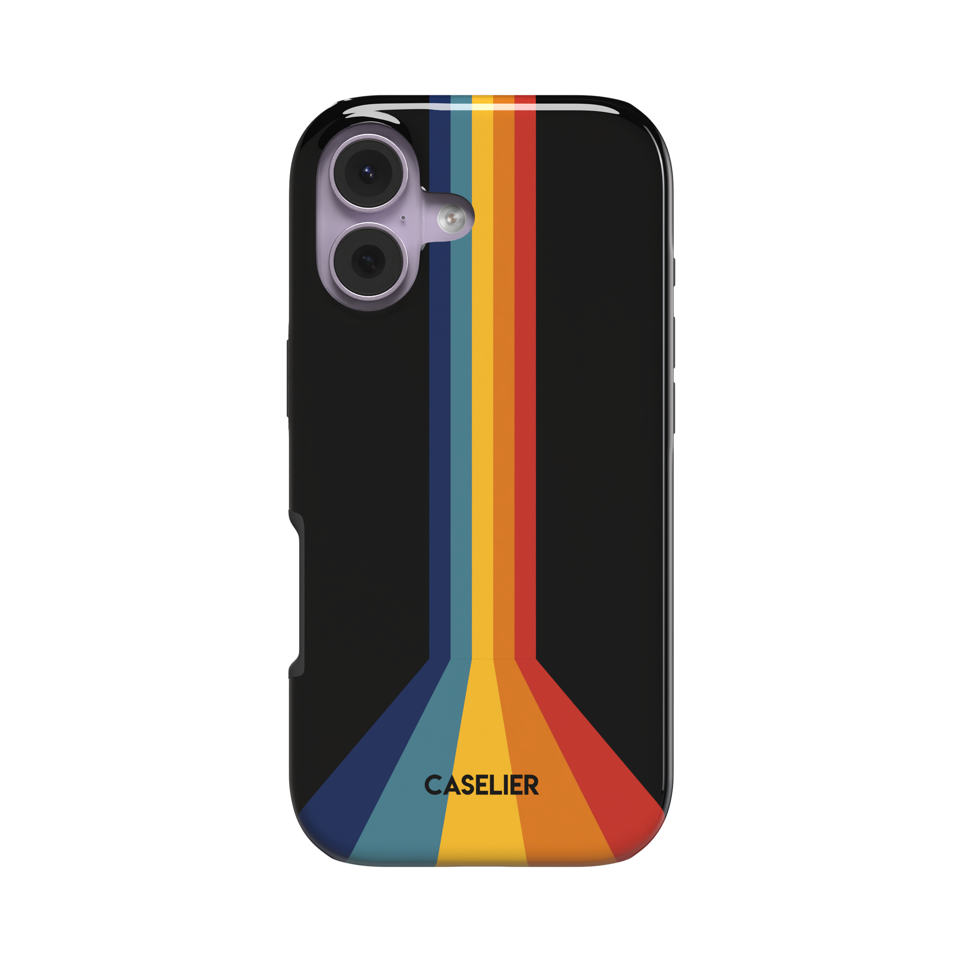 Prism Pink Floyd phone case with bold converging stripes in navy, teal, amber, orange and red on a black background, retro rainbow pattern, phone case by Caselier - tough case, front view | Caselier
