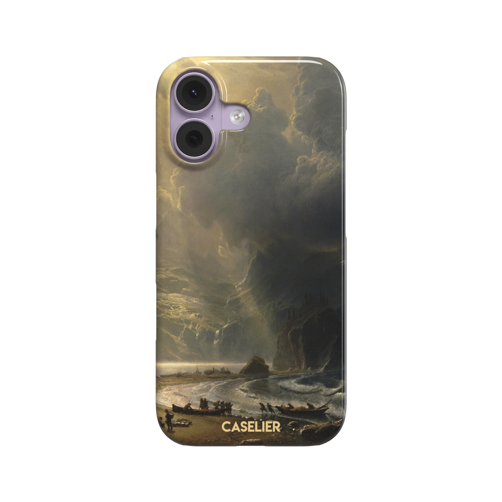 Puget Sound on the Pacific Coast by Albert Bierstadt phone case showing stormy cliffs, crashing waves and golden storm light, phone case by Caselier — snap case, front view