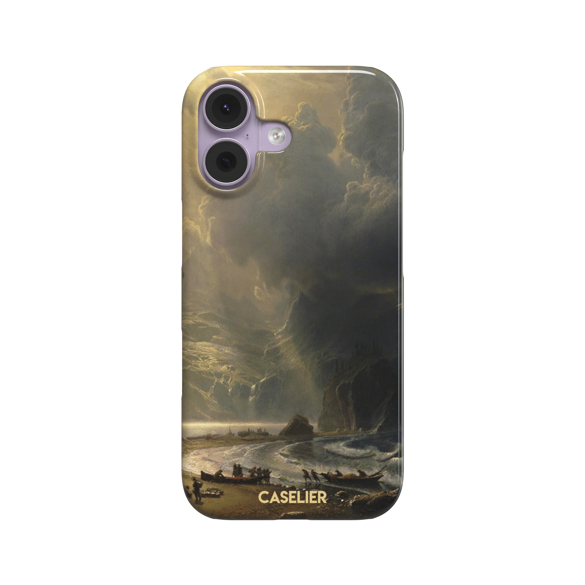 Puget Sound on the Pacific Coast by Albert Bierstadt phone case showing stormy cliffs, crashing waves and golden storm light, phone case by Caselier — snap case, front view