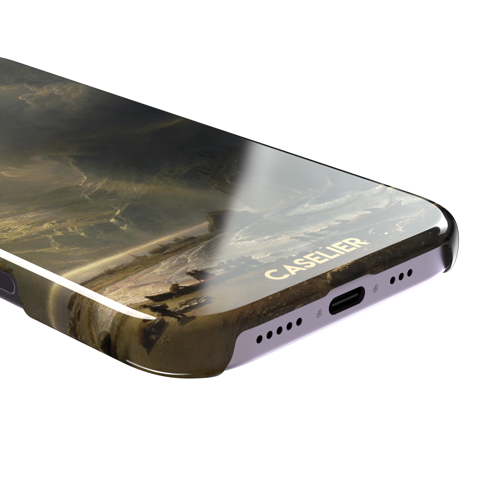 Puget Sound on the Pacific Coast by Albert Bierstadt phone case showing stormy cliffs, crashing waves and golden storm light, phone case by Caselier — snap case, charging port detail