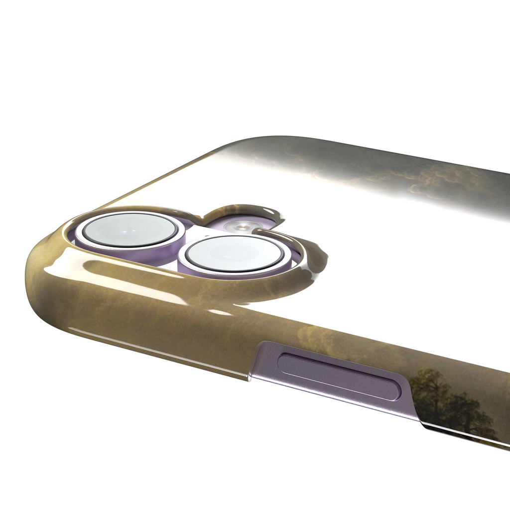 Puget Sound on the Pacific Coast by Albert Bierstadt phone case showing stormy cliffs, crashing waves and golden storm light, phone case by Caselier — snap case, volume buttons detail