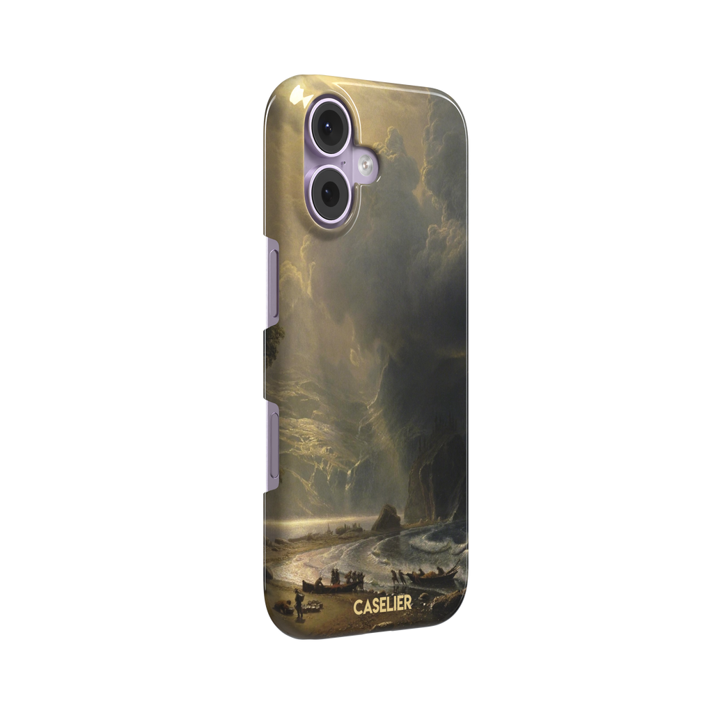 Puget Sound on the Pacific Coast by Albert Bierstadt phone case showing stormy cliffs, crashing waves and golden storm light, phone case by Caselier — snap case, left view