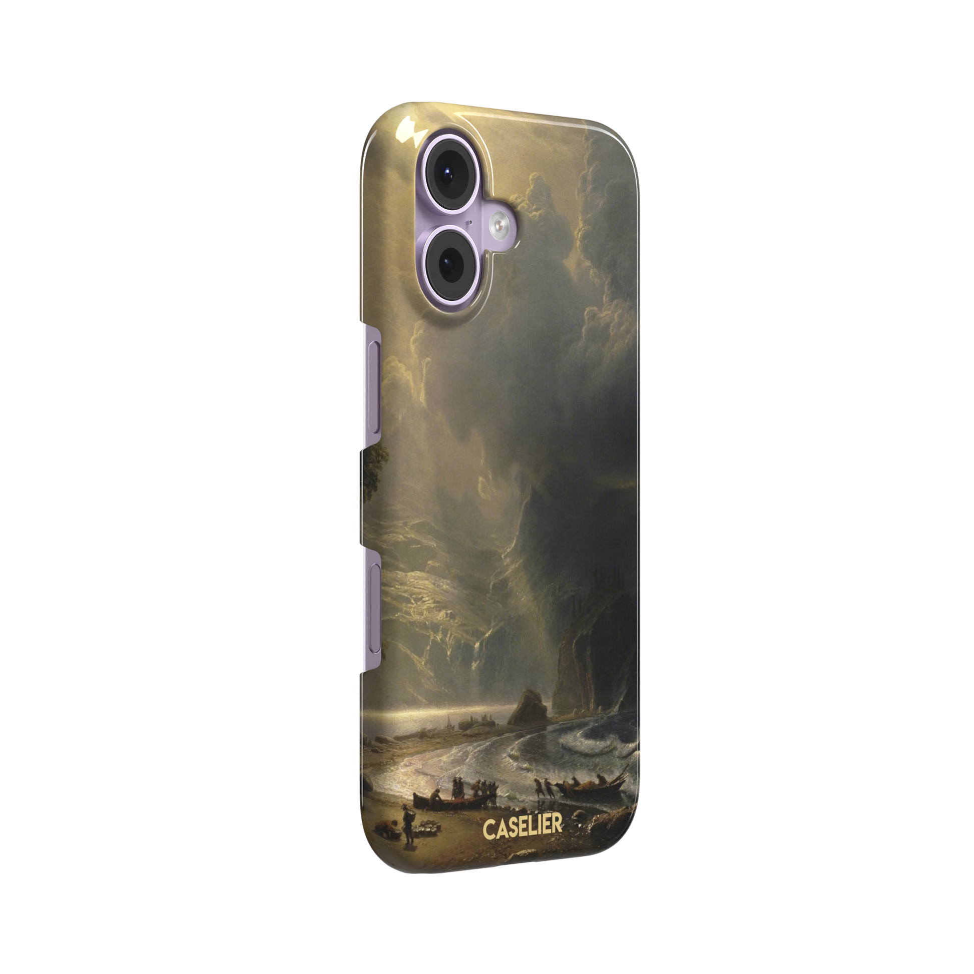 Puget Sound on the Pacific Coast by Albert Bierstadt phone case showing stormy cliffs, crashing waves and golden storm light, phone case by Caselier — snap case, left view