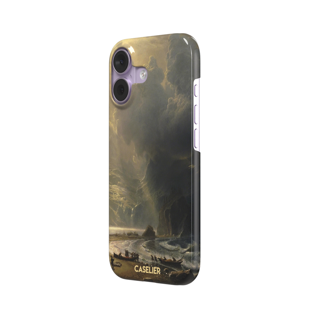 Puget Sound on the Pacific Coast by Albert Bierstadt phone case showing stormy cliffs, crashing waves and golden storm light, phone case by Caselier — snap case, right view