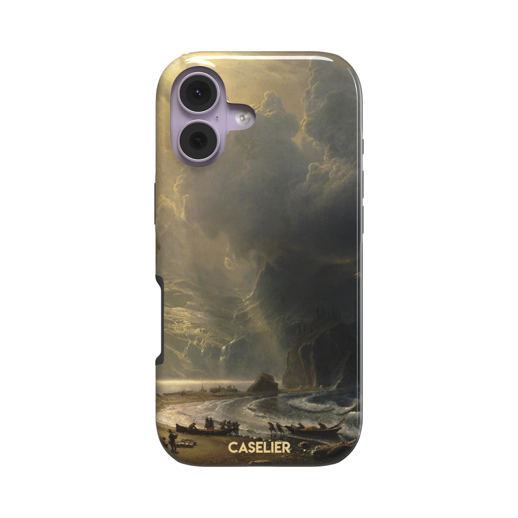 Puget Sound on the Pacific Coast by Albert Bierstadt phone case showing stormy cliffs, crashing waves and golden storm light, phone case by Caselier — tough case, front view