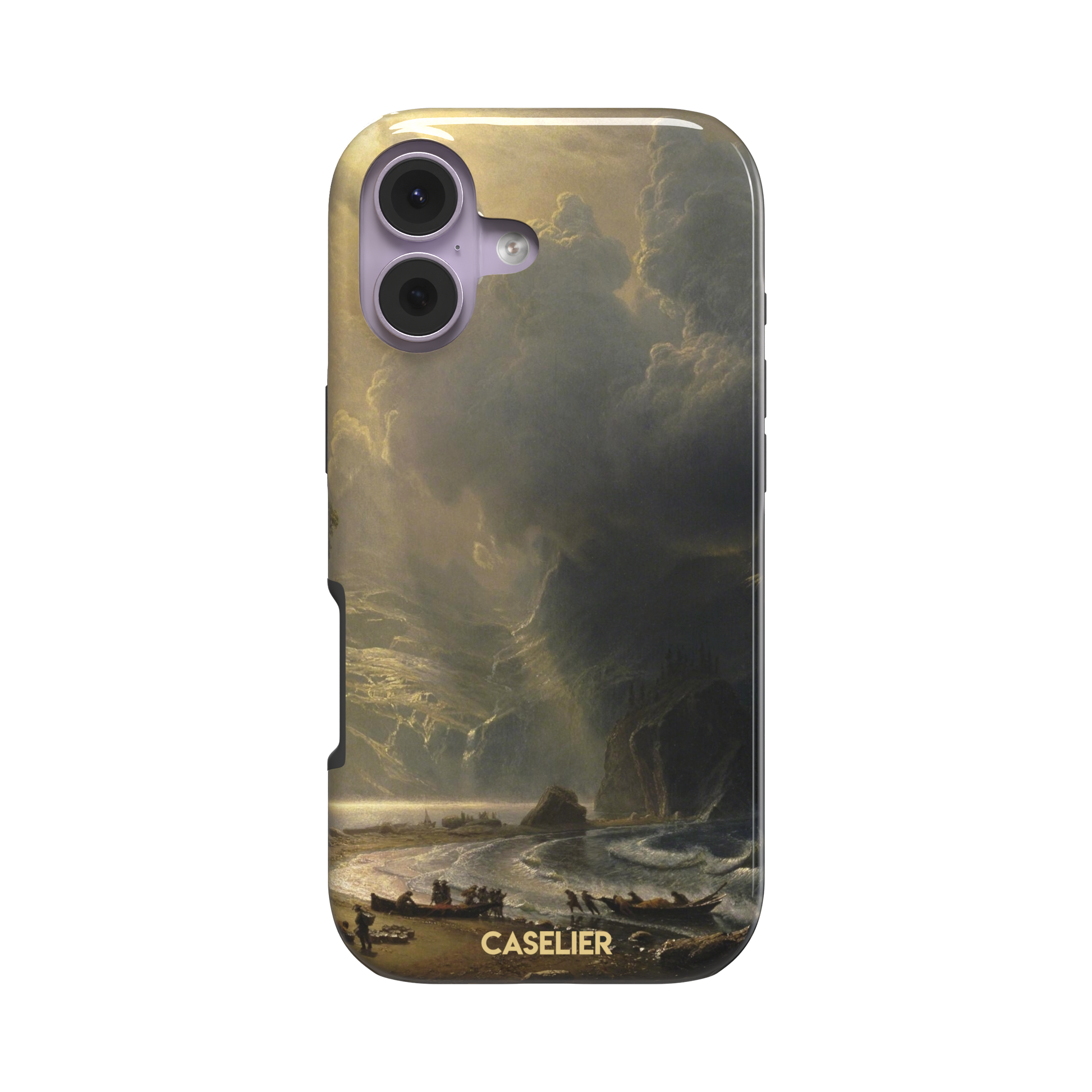 Puget Sound on the Pacific Coast by Albert Bierstadt phone case showing stormy cliffs, crashing waves and golden storm light, phone case by Caselier — tough case, front view