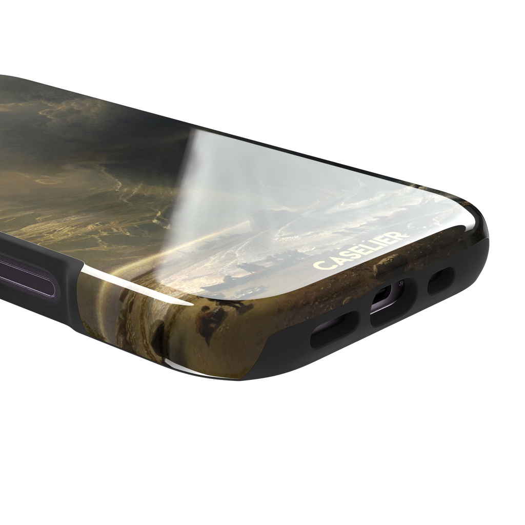 Puget Sound on the Pacific Coast by Albert Bierstadt phone case showing stormy cliffs, crashing waves and golden storm light, phone case by Caselier — tough case, charging port detail