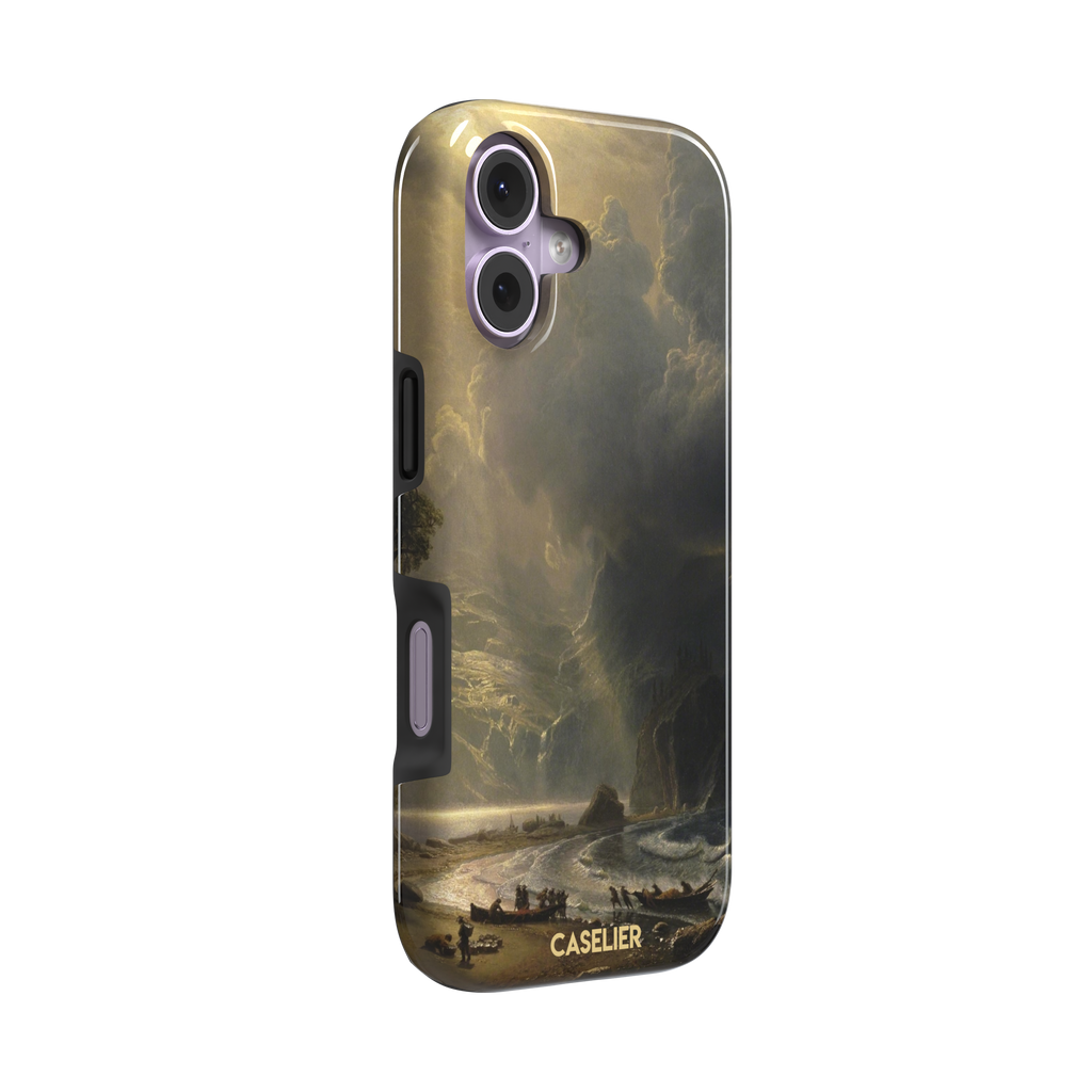 Puget Sound on the Pacific Coast by Albert Bierstadt phone case showing stormy cliffs, crashing waves and golden storm light, phone case by Caselier — tough case, left view