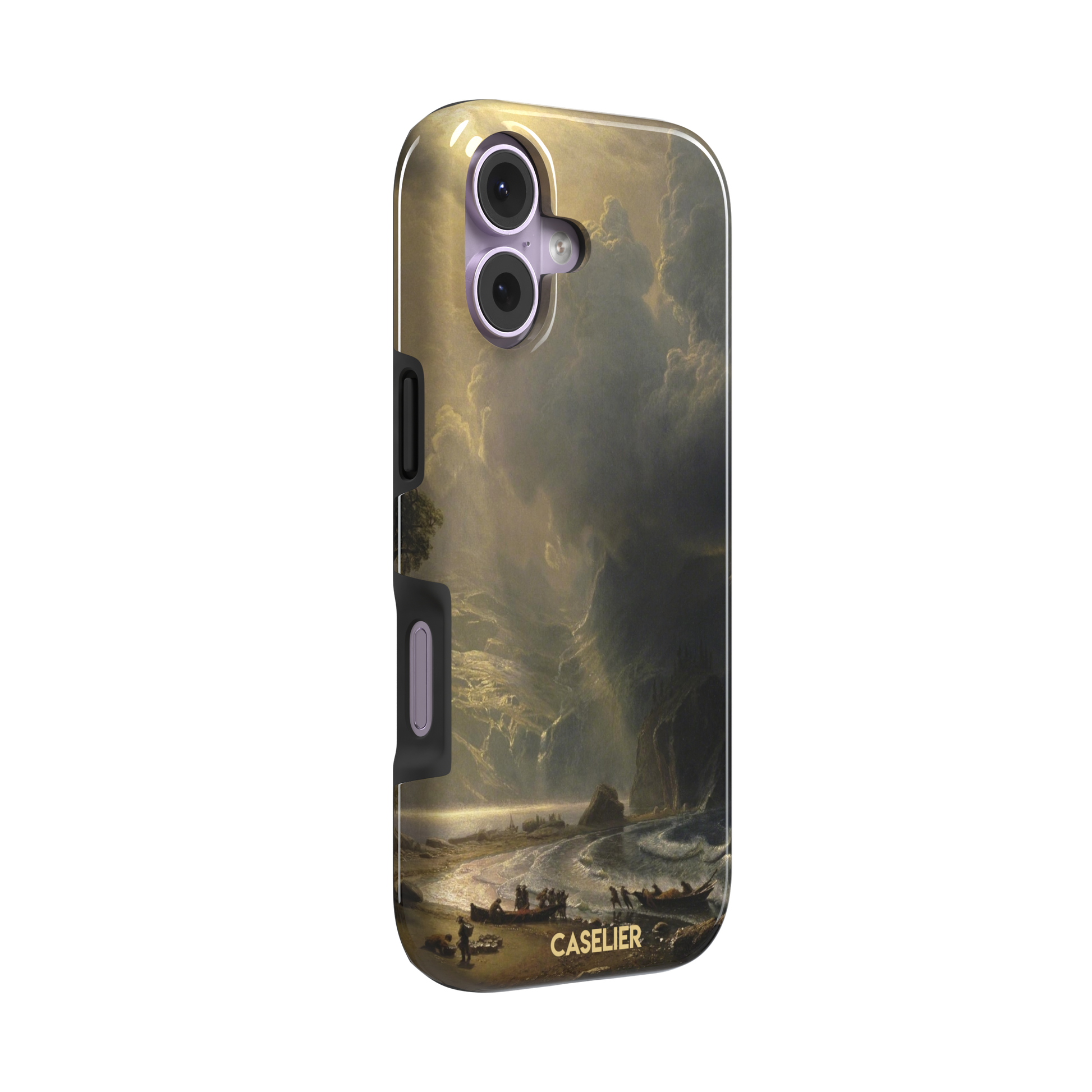 Puget Sound on the Pacific Coast by Albert Bierstadt phone case showing stormy cliffs, crashing waves and golden storm light, phone case by Caselier — tough case, left view
