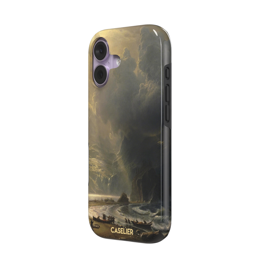 Puget Sound on the Pacific Coast by Albert Bierstadt phone case showing stormy cliffs, crashing waves and golden storm light, phone case by Caselier — tough case, right view