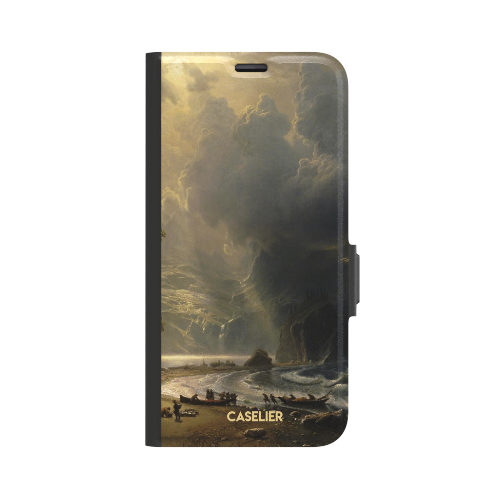 Puget Sound on the Pacific Coast by Albert Bierstadt phone case showing stormy cliffs, crashing waves and golden storm light, phone case by Caselier — wallet case, front view