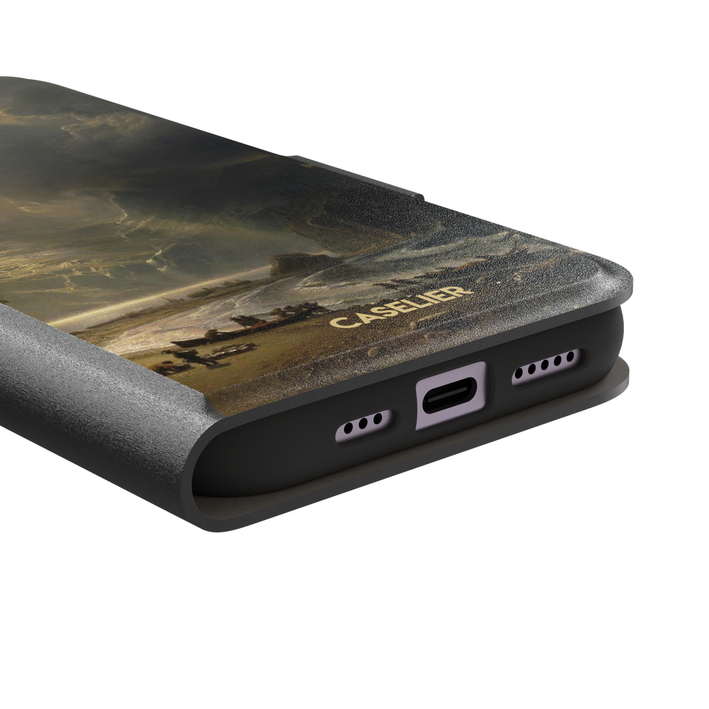 Puget Sound on the Pacific Coast by Albert Bierstadt phone case showing stormy cliffs, crashing waves and golden storm light, phone case by Caselier — wallet case, charging port detail
