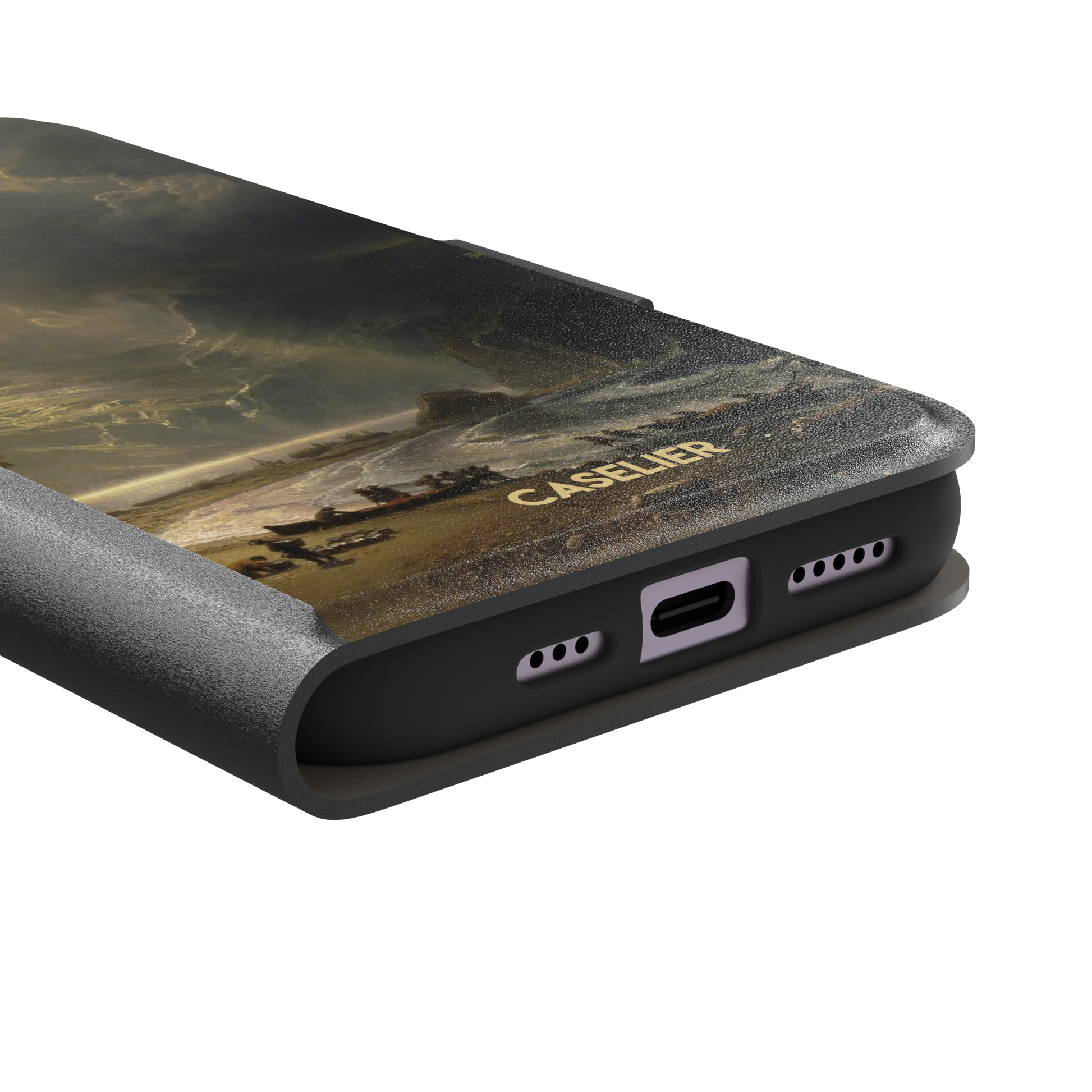 Puget Sound on the Pacific Coast by Albert Bierstadt phone case showing stormy cliffs, crashing waves and golden storm light, phone case by Caselier — wallet case, charging port detail