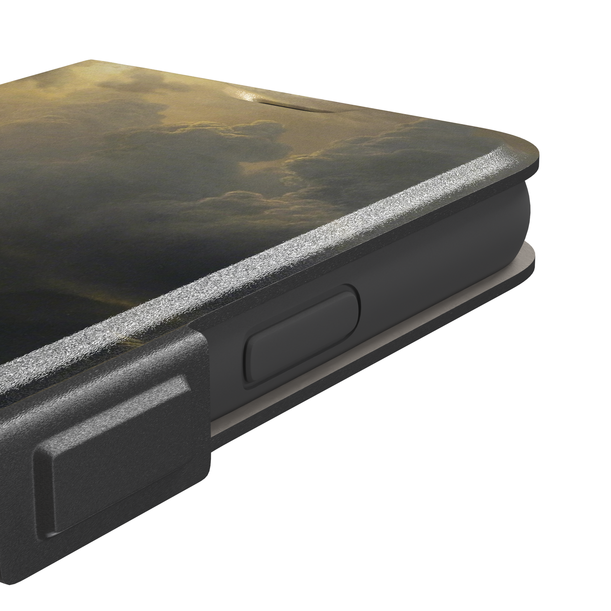 Puget Sound on the Pacific Coast by Albert Bierstadt phone case showing stormy cliffs, crashing waves and golden storm light, phone case by Caselier — wallet case, volume buttons detail