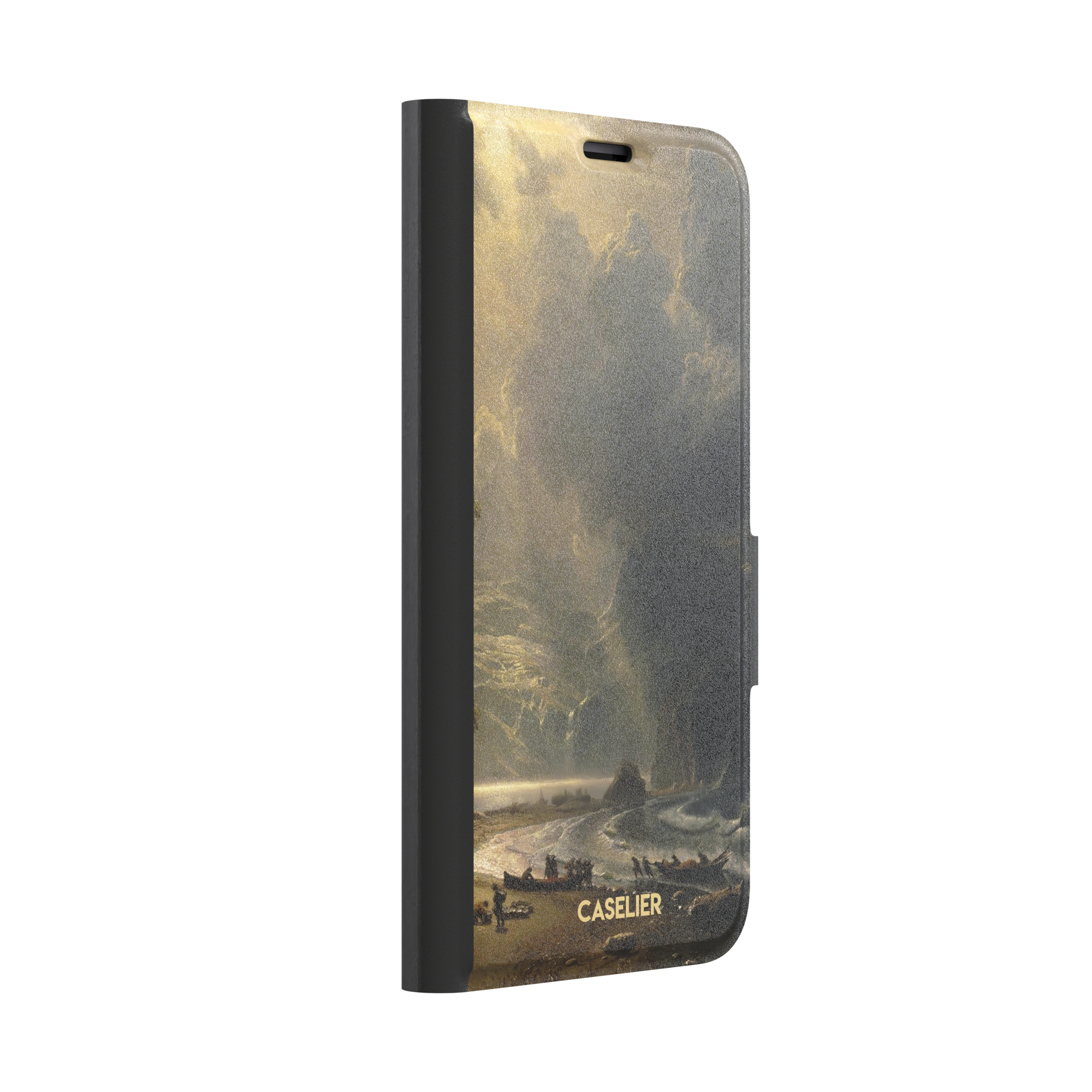 Puget Sound on the Pacific Coast by Albert Bierstadt phone case showing stormy cliffs, crashing waves and golden storm light, phone case by Caselier — wallet case, left view