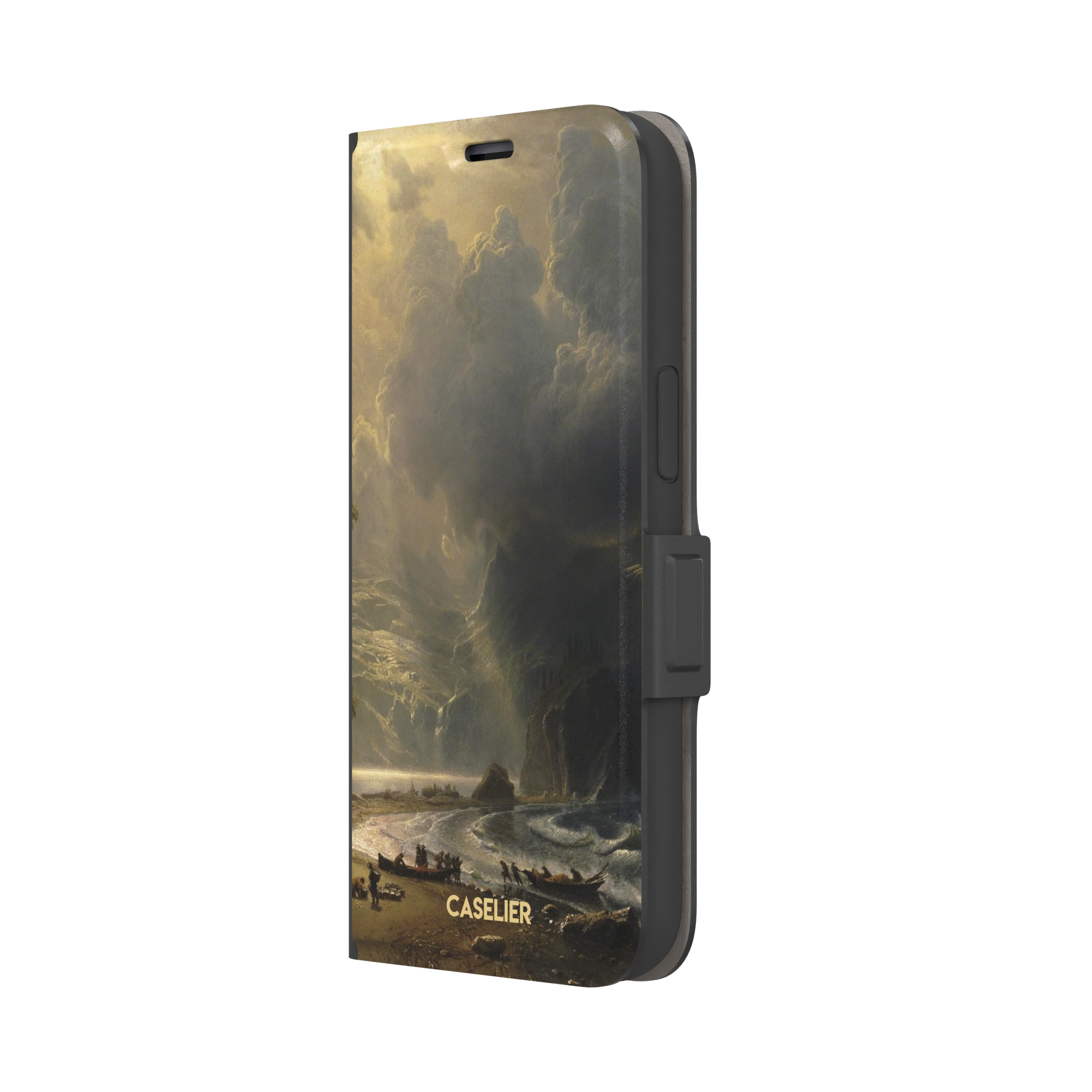 Puget Sound on the Pacific Coast by Albert Bierstadt phone case showing stormy cliffs, crashing waves and golden storm light, phone case by Caselier — wallet case, right view