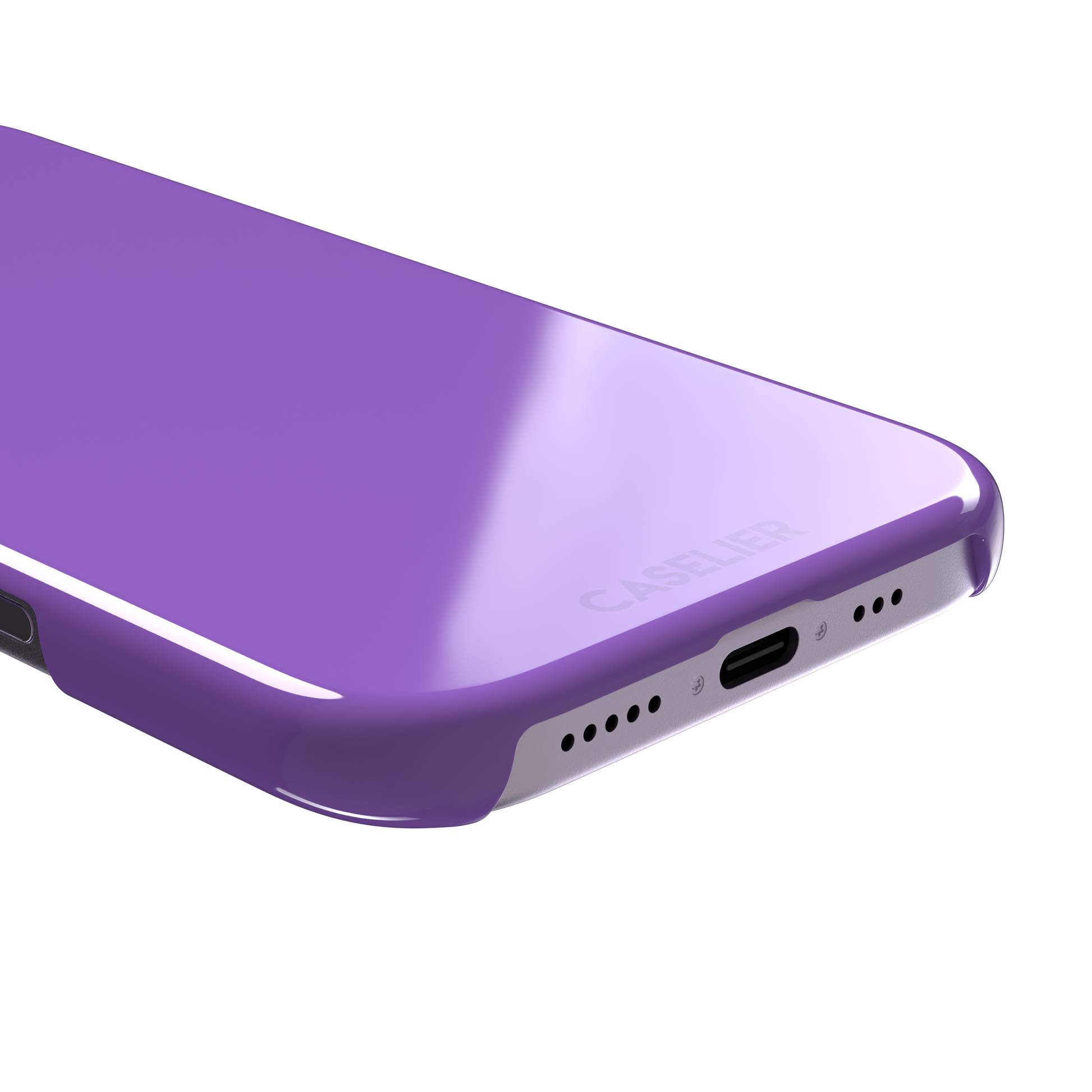 Solid medium violet phone case in a balanced mid-tone purple, phone case by Caselier — snap case, charging port detail