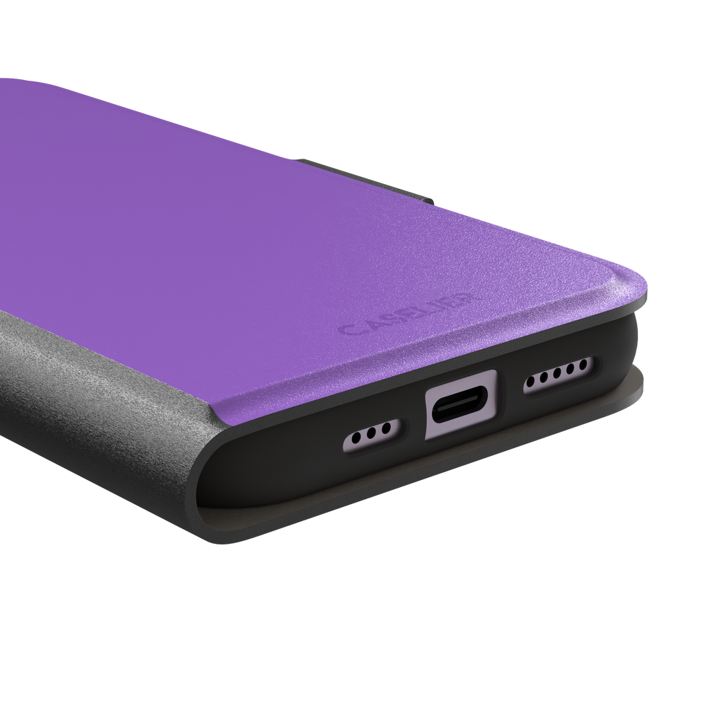 Solid medium violet phone case in a balanced mid-tone purple, phone case by Caselier — wallet case, charging port detail