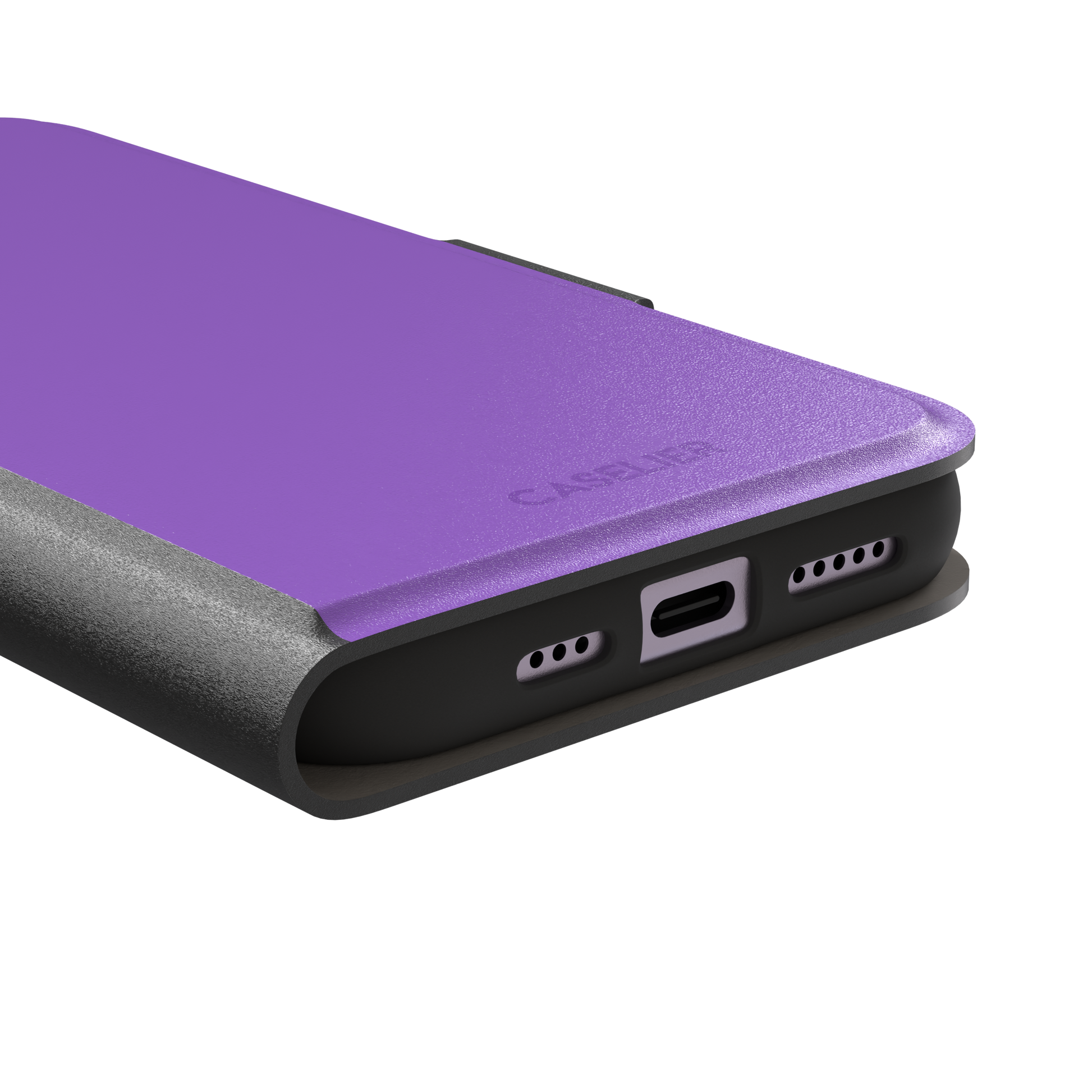 Solid medium violet phone case in a balanced mid-tone purple, phone case by Caselier — wallet case, charging port detail