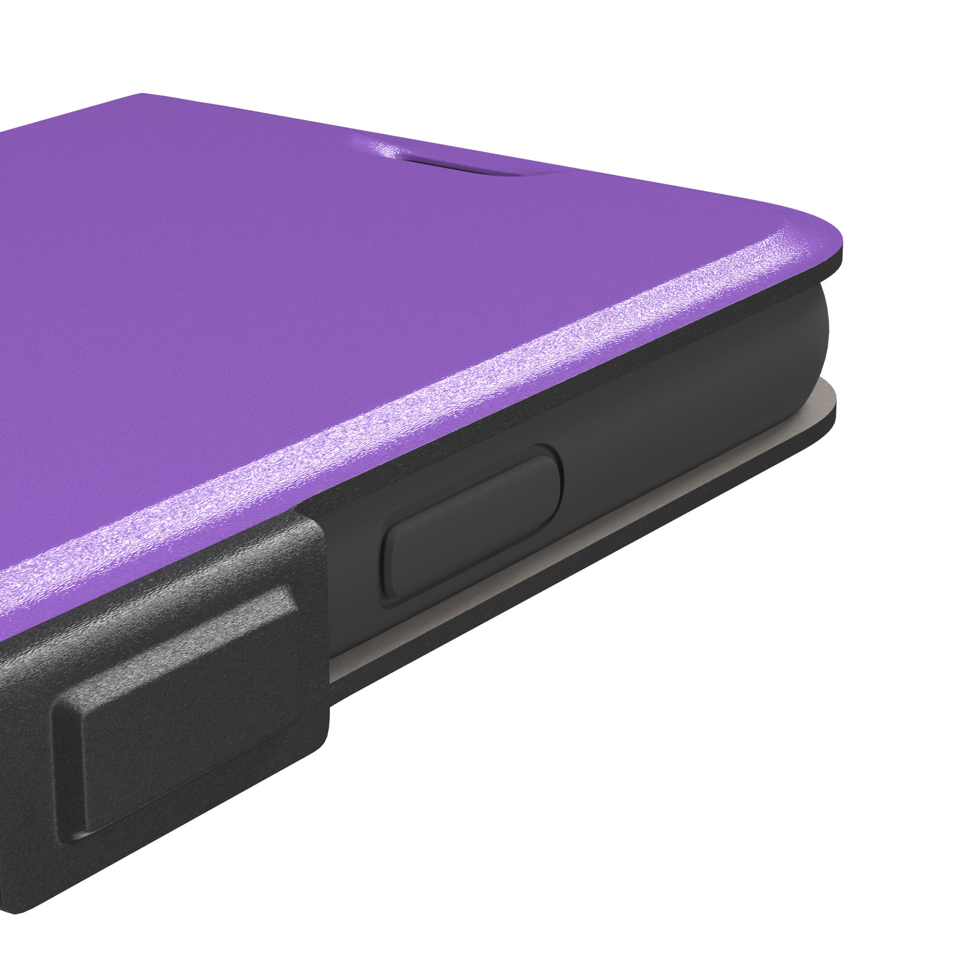Solid medium violet phone case in a balanced mid-tone purple, phone case by Caselier — wallet case, volume buttons detail