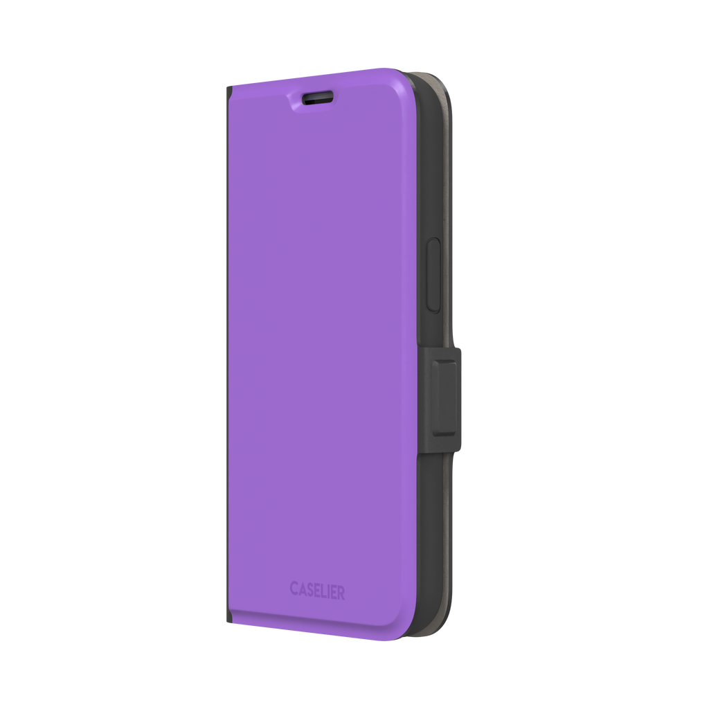 Solid medium violet phone case in a balanced mid-tone purple, phone case by Caselier — wallet case, right view