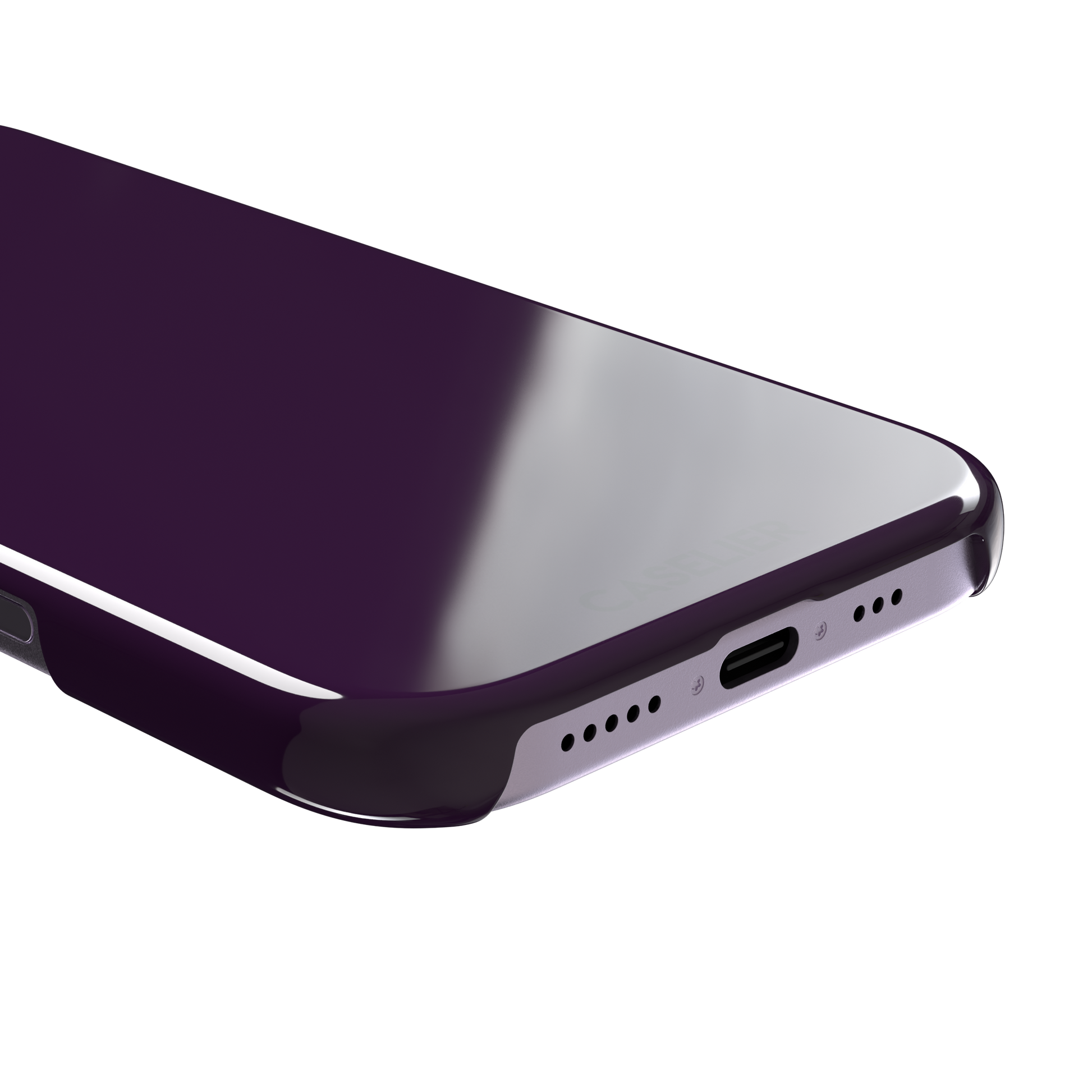 Solid deep plum phone case in a dark, rich aubergine tone, phone case by Caselier — snap case, charging port detail