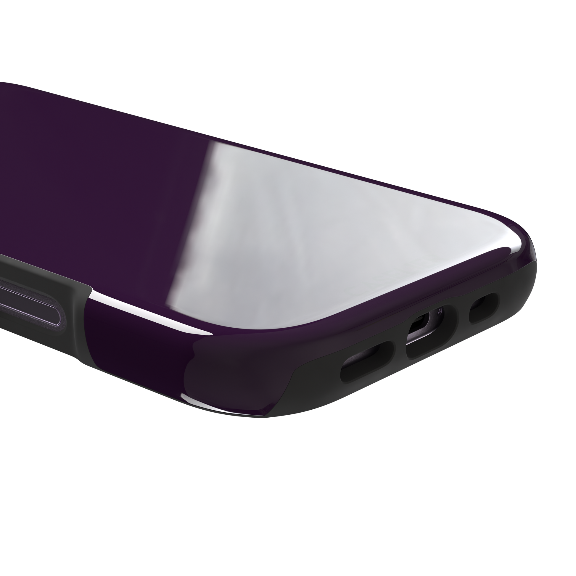 Solid deep plum phone case in a dark, rich aubergine tone, phone case by Caselier — tough case, charging port detail