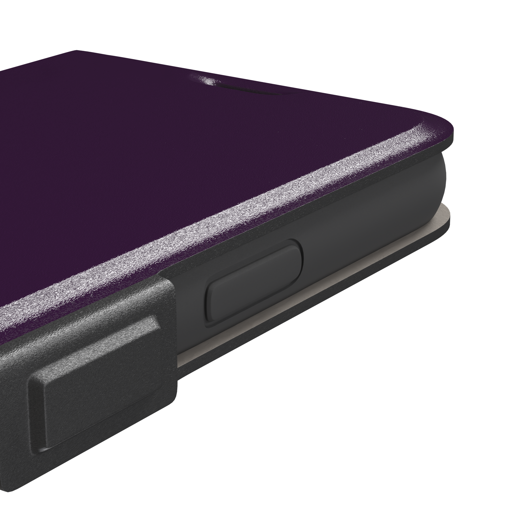 Solid deep plum phone case in a dark, rich aubergine tone, phone case by Caselier — wallet case, volume buttons detail