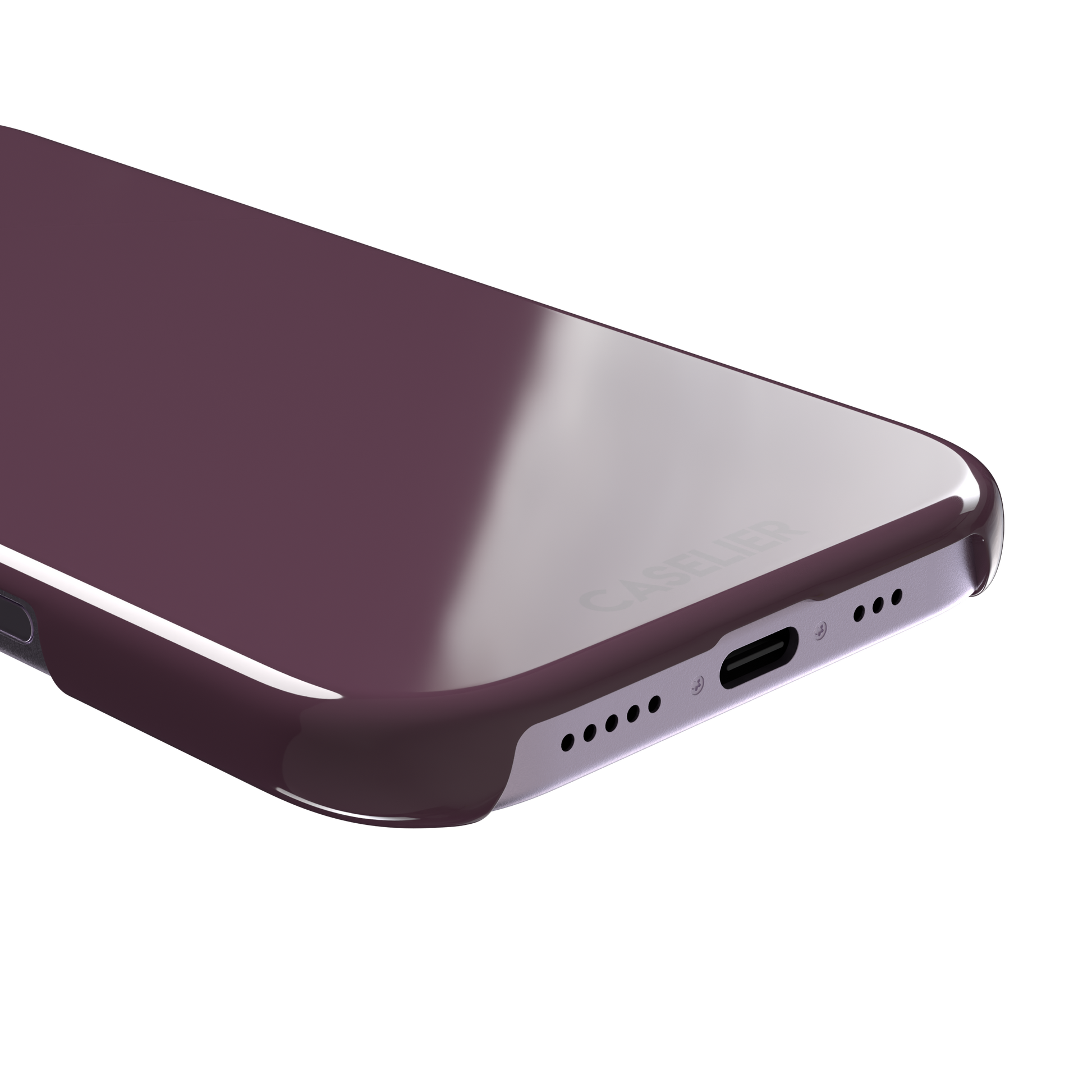 Solid burgundy-purple phone case in a muted, wine-toned purple, phone case by Caselier — snap case, charging port detail