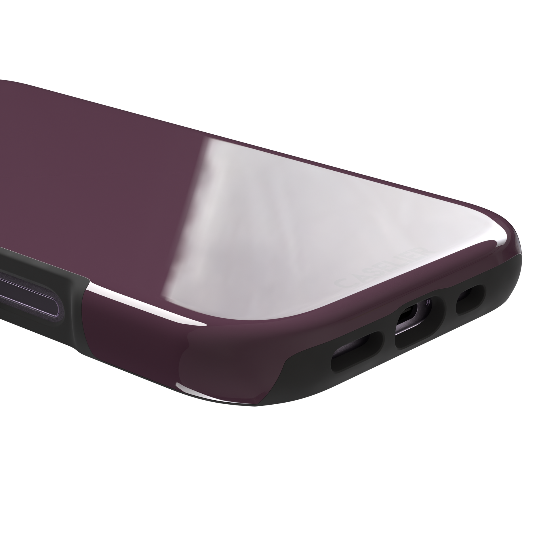 Solid burgundy-purple phone case in a muted, wine-toned purple, phone case by Caselier — tough case, charging port detail