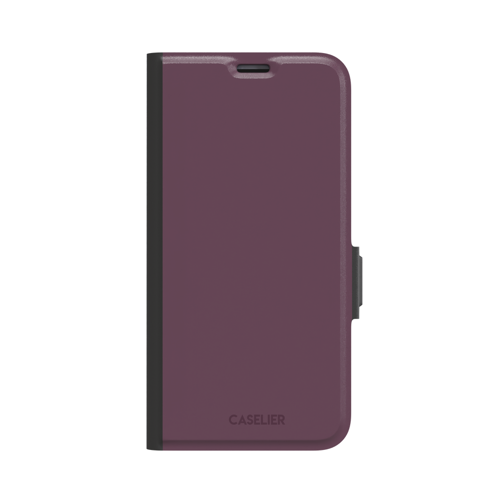 Solid burgundy-purple phone case in a muted, wine-toned purple, phone case by Caselier — wallet case, front view