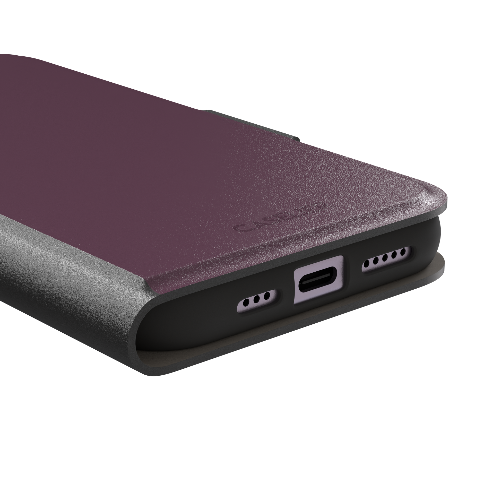 Solid burgundy-purple phone case in a muted, wine-toned purple, phone case by Caselier — wallet case, charging port detail
