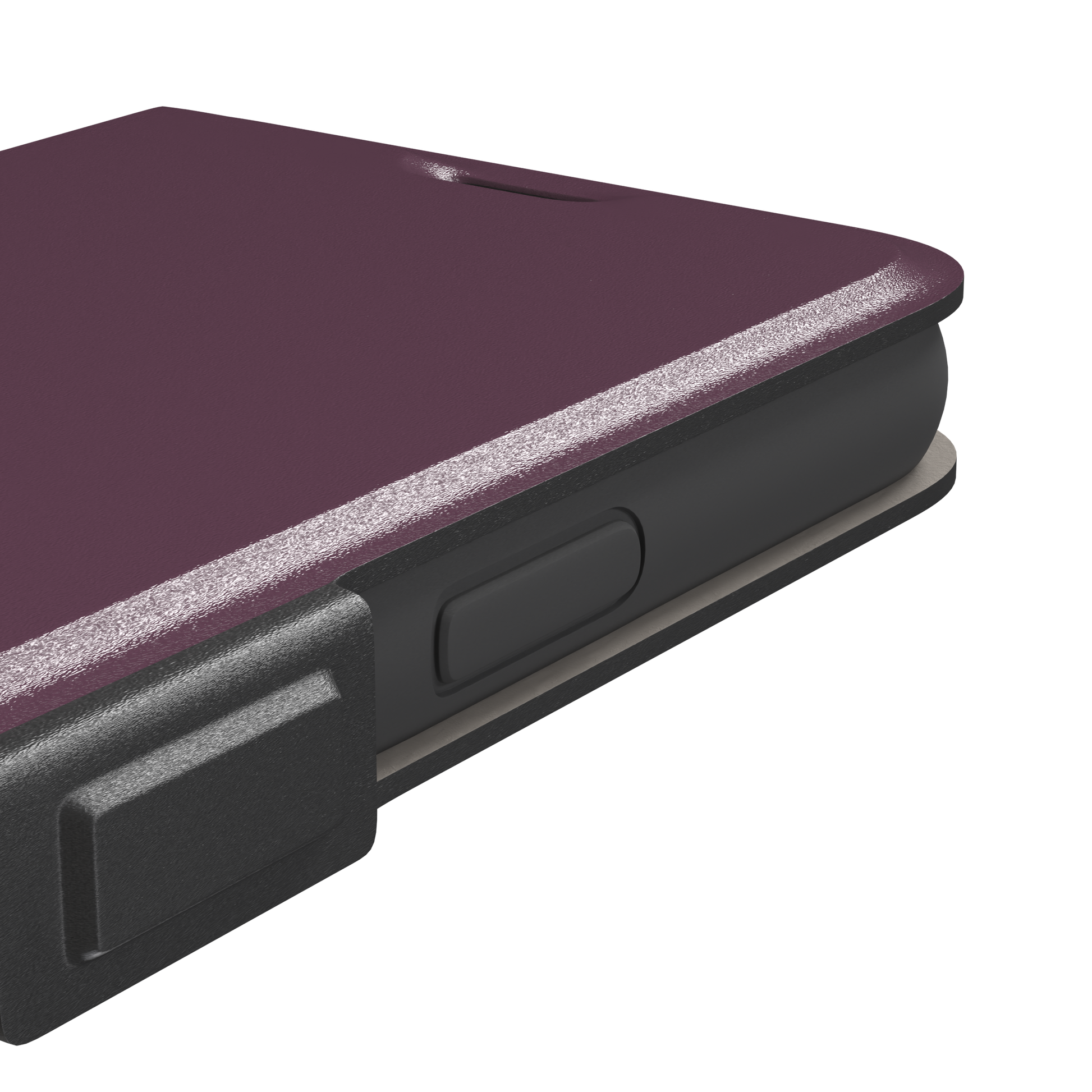 Solid burgundy-purple phone case in a muted, wine-toned purple, phone case by Caselier — wallet case, volume buttons detail