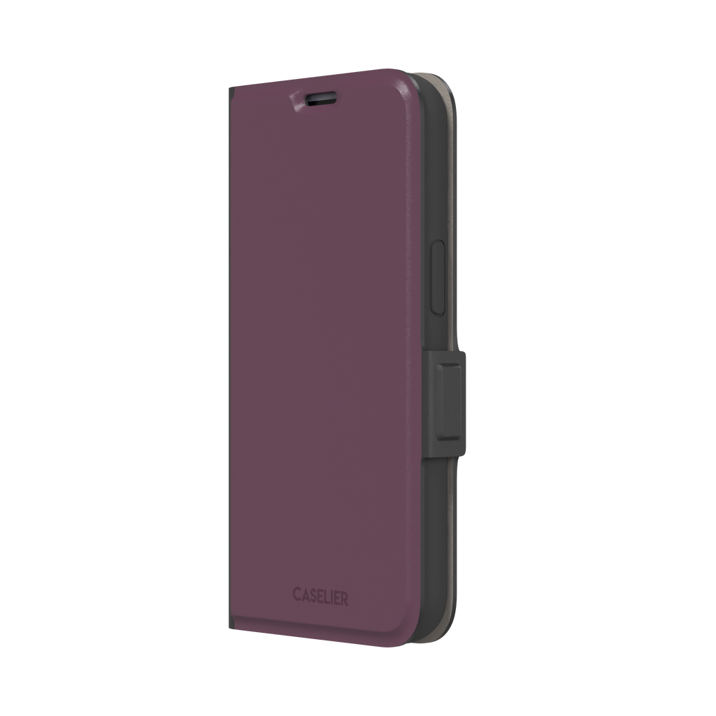 Solid burgundy-purple phone case in a muted, wine-toned purple, phone case by Caselier — wallet case, right view